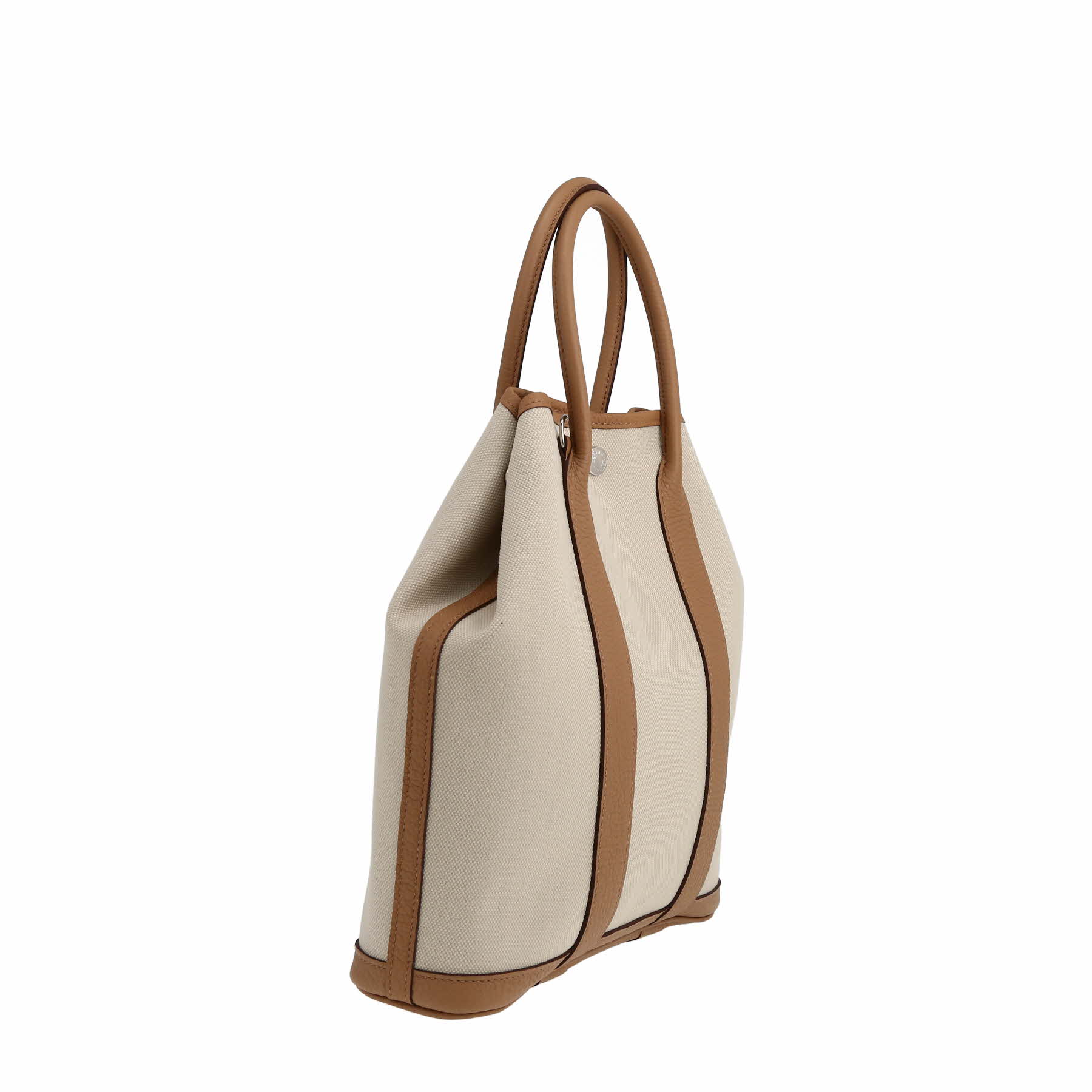 Hermès   shopping bag  in Gris-Béton canvas  and Biscuit leather taurillon clémence