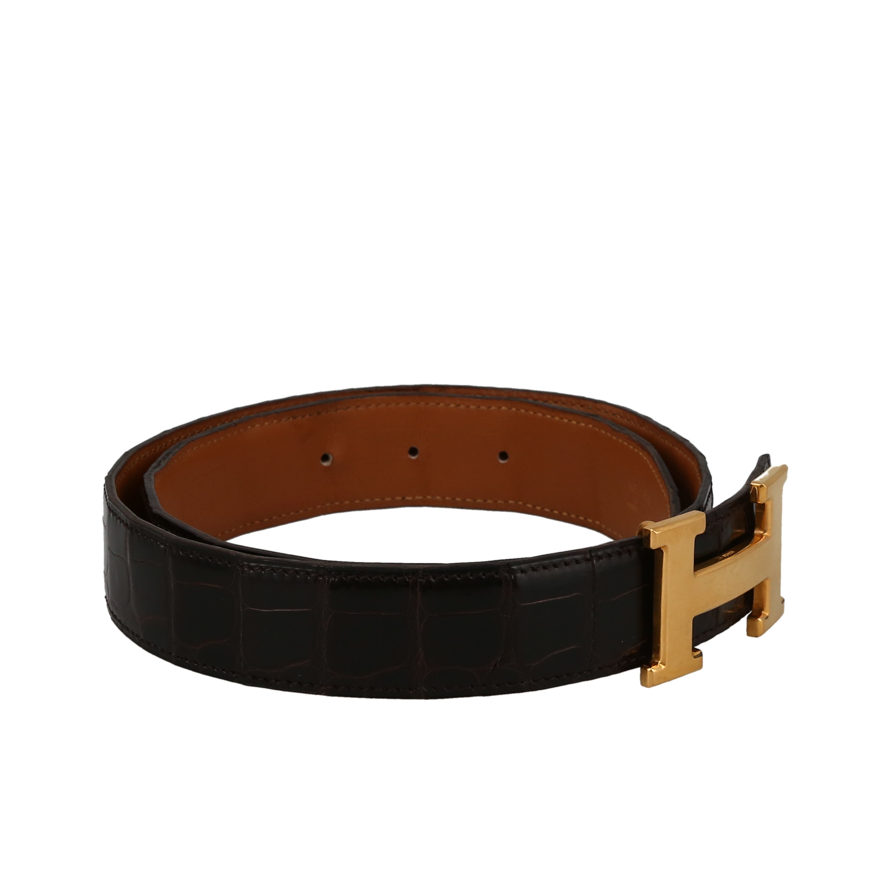 Ceinture Hermès  Ceinture en alligator marron et cuir gold