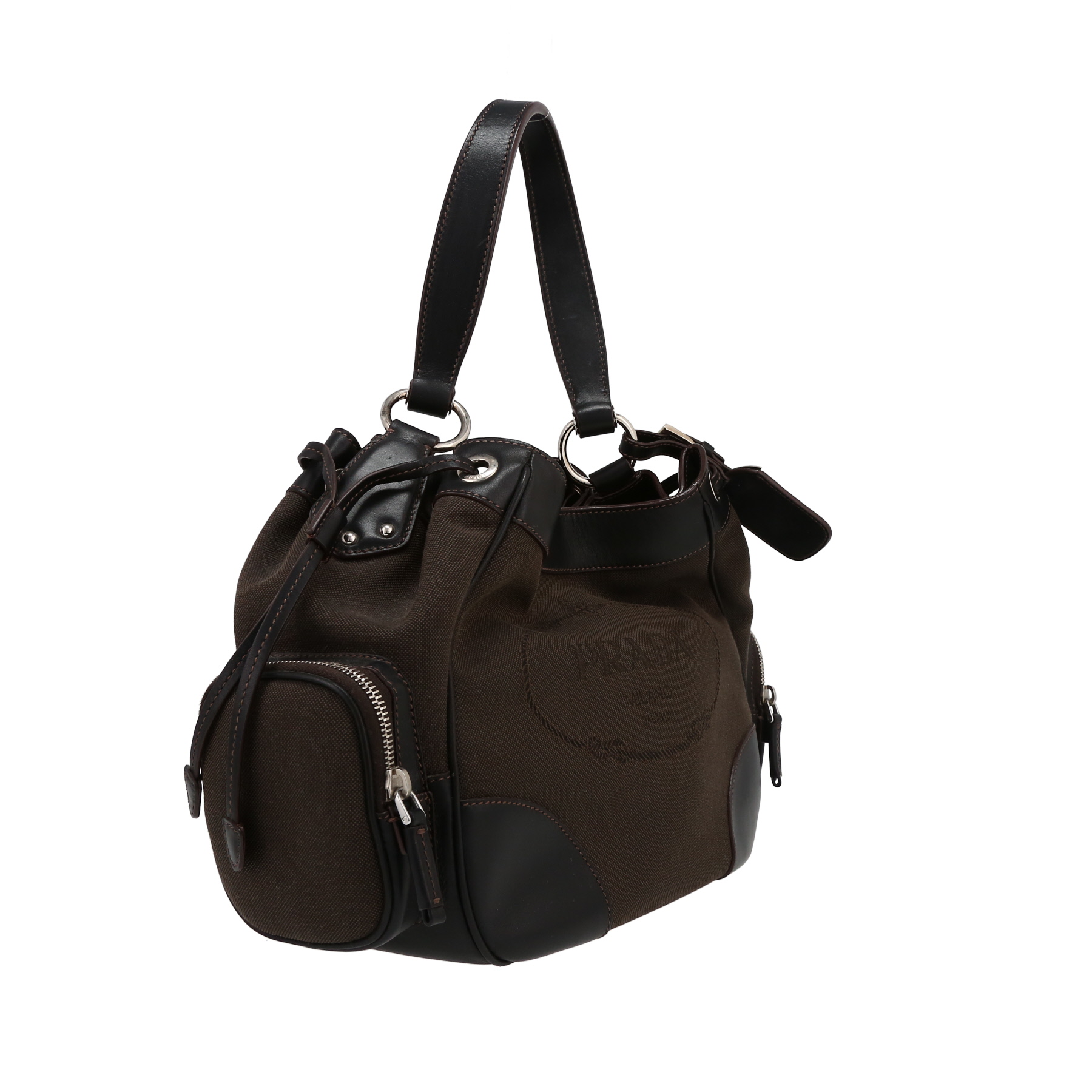 Prada   handbag  in brown canvas  and black leather