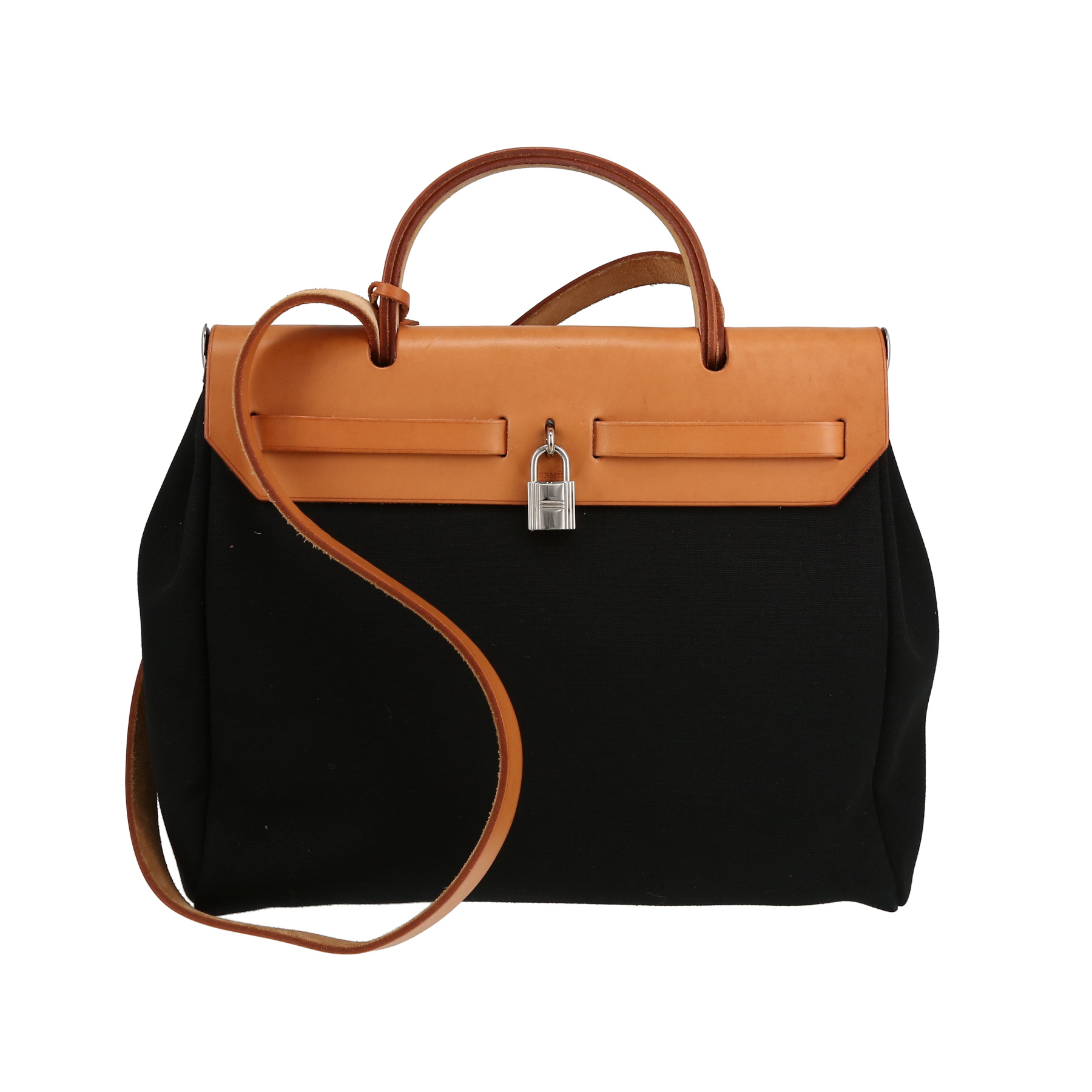 Herbag Handbag In Black Canvas And Natural Leather