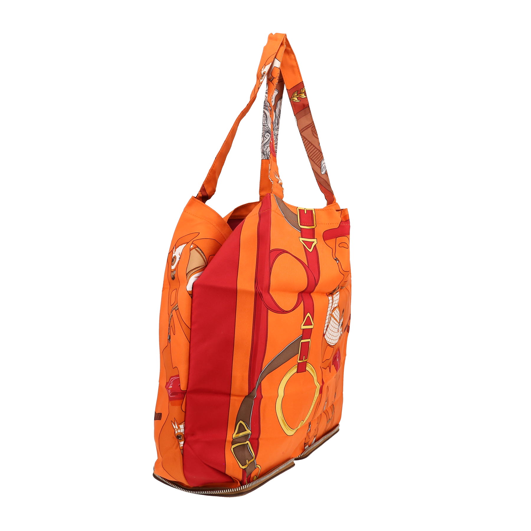 Hermès  Silky Pop - Shop Bag shopping bag  in orange printed canvas  and brown togo leather