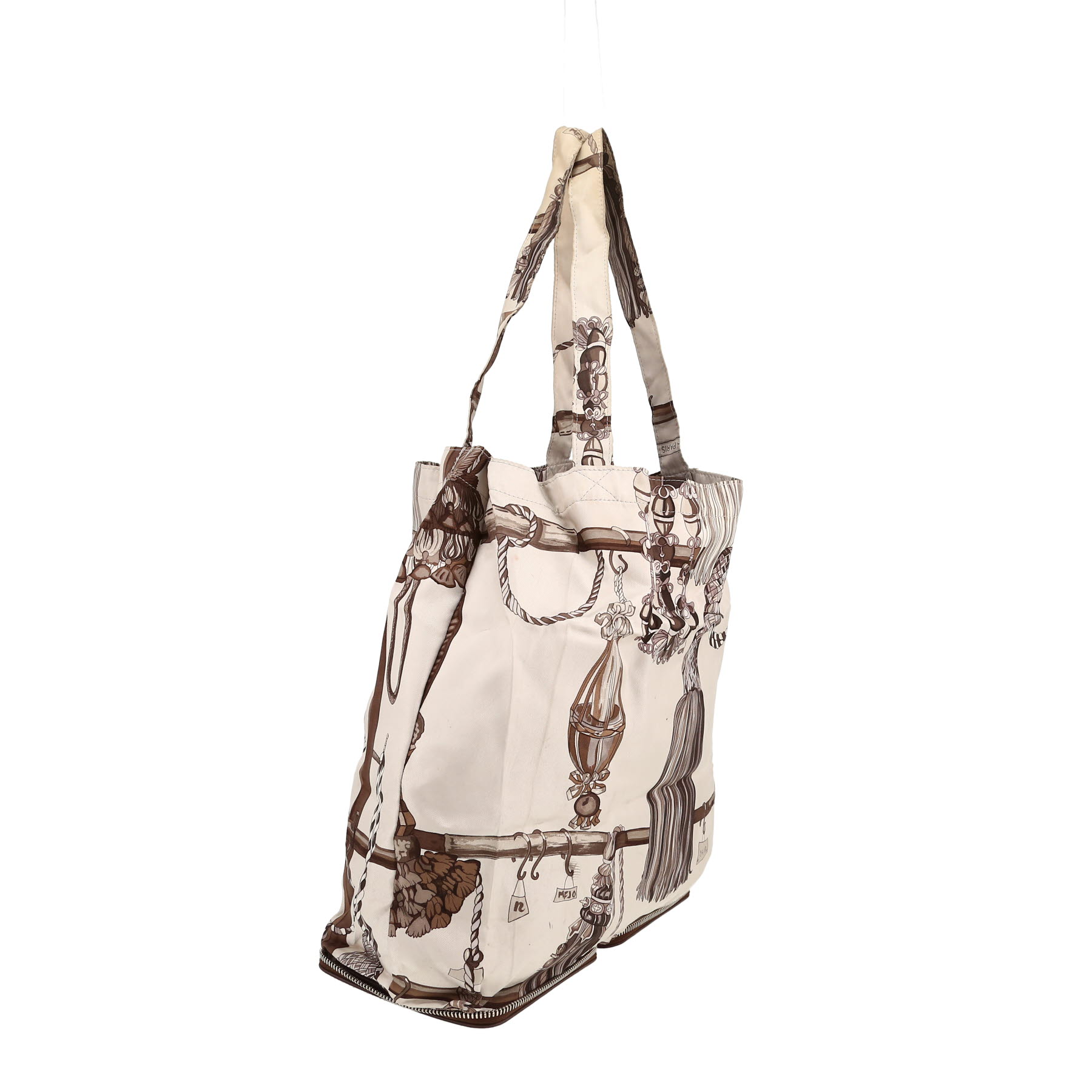 Hermès  Silky Pop - Shop Bag shopping bag  in beige and brown printed canvas  and brown togo leather