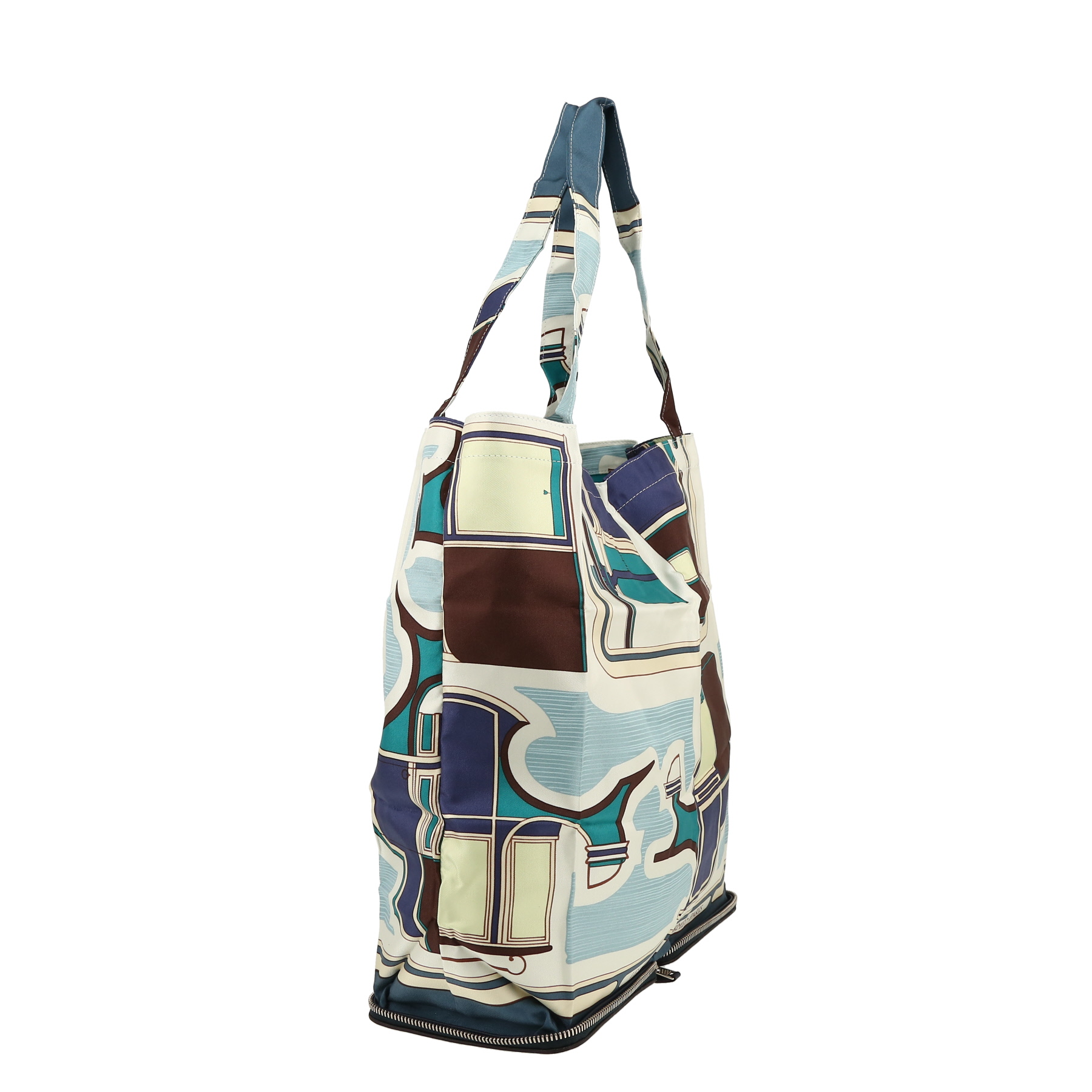 Hermès  Silky Pop - Shop Bag shopping bag  in white printed canvas  and blue togo leather