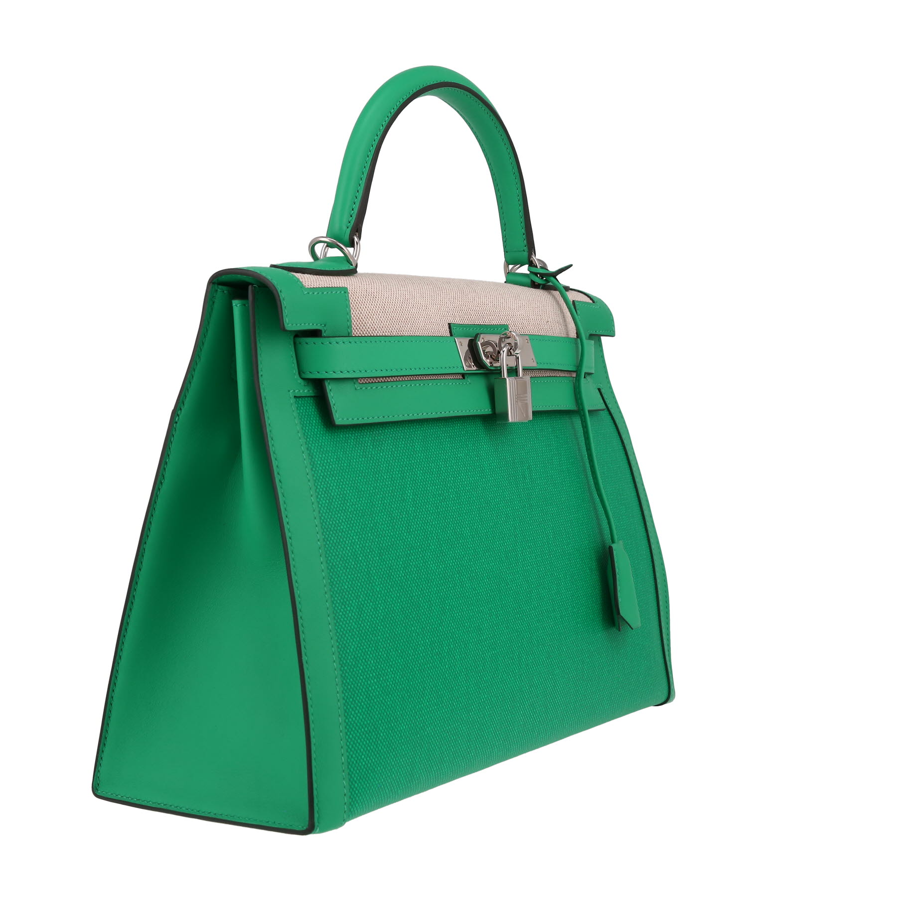 Hermès  Kelly 32 cm handbag  in green and beige "H" canvas  and green leather