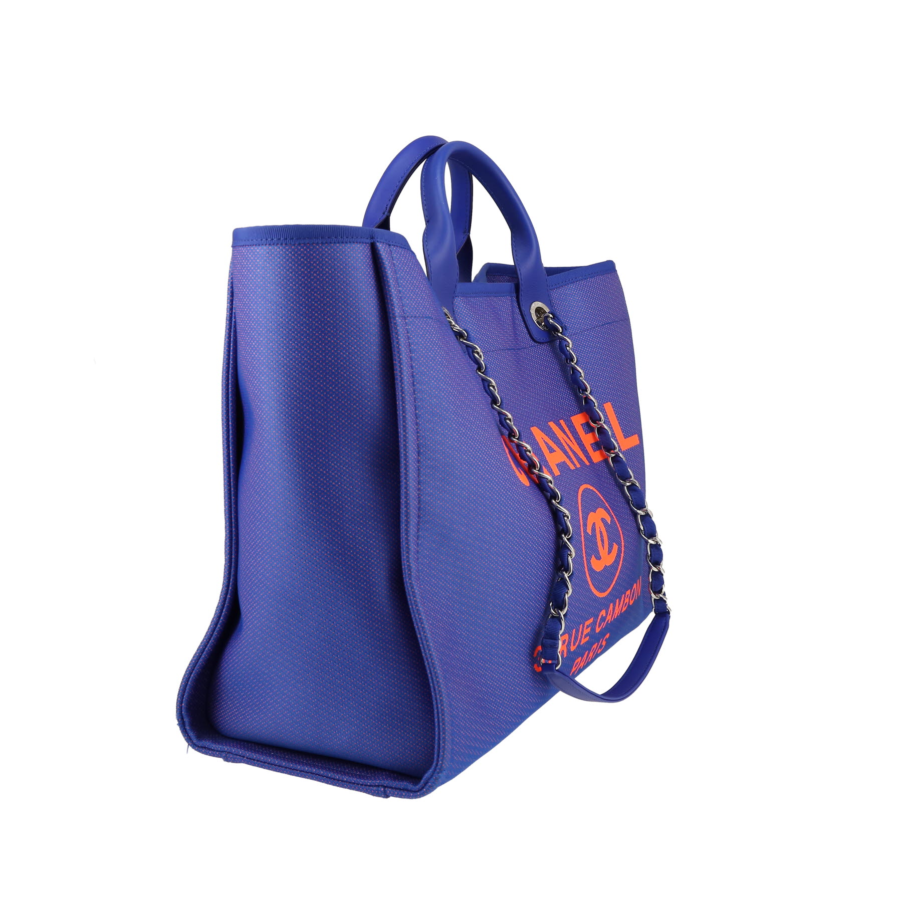 Chanel  Deauville shopping bag  in electric blue and orange coated canvas  and electric blue leather