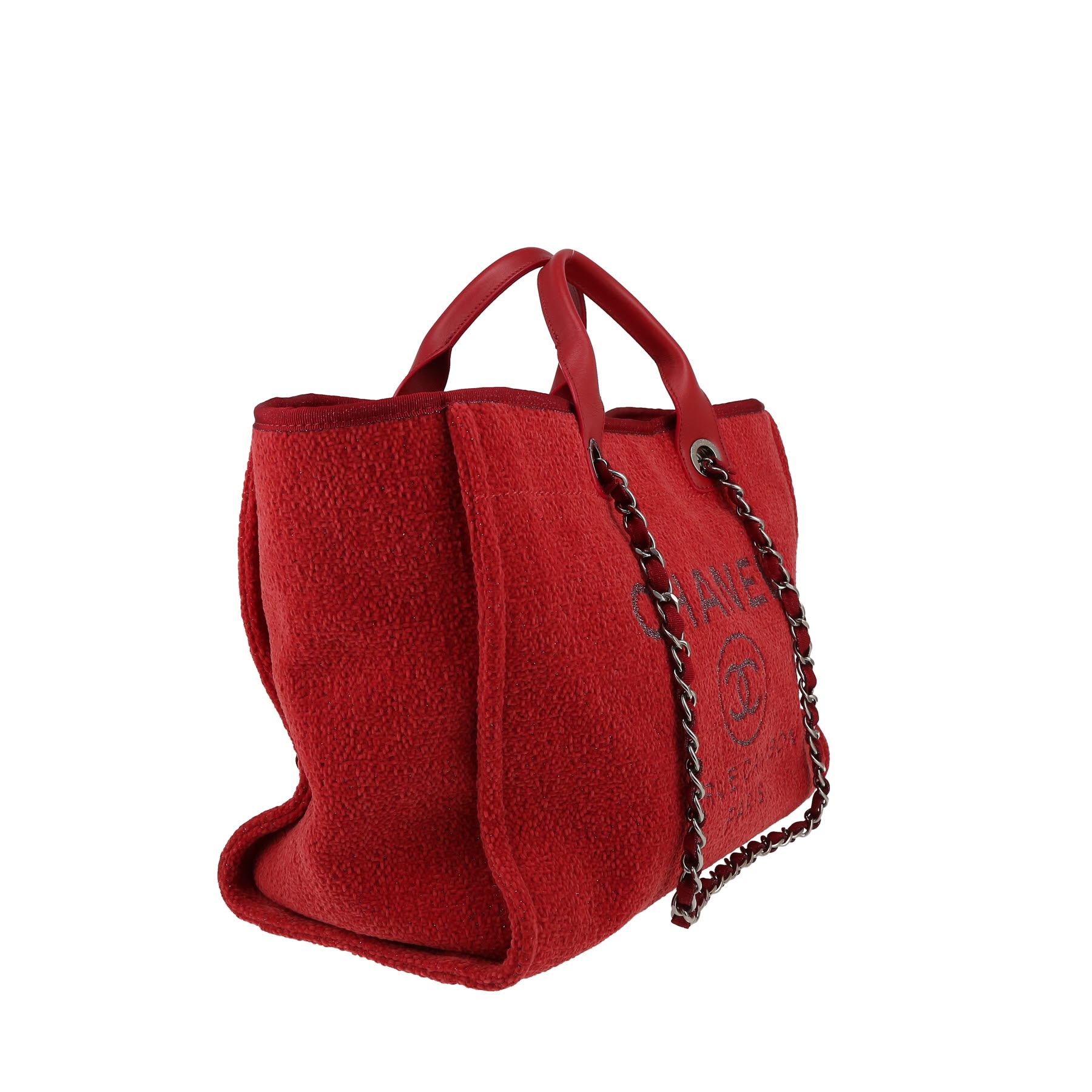 Sac cabas Chanel  Deauville en tweed rouge et cuir rouge
