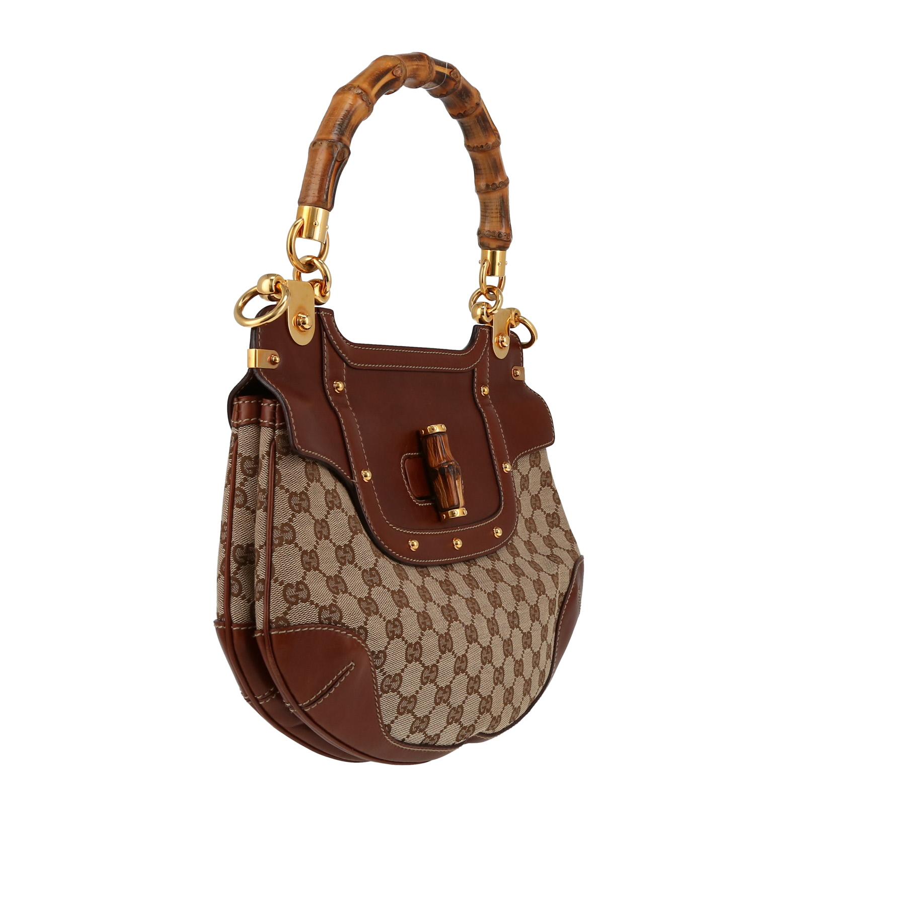 Sac à main Gucci  Bamboo en cuir marron et toile siglée