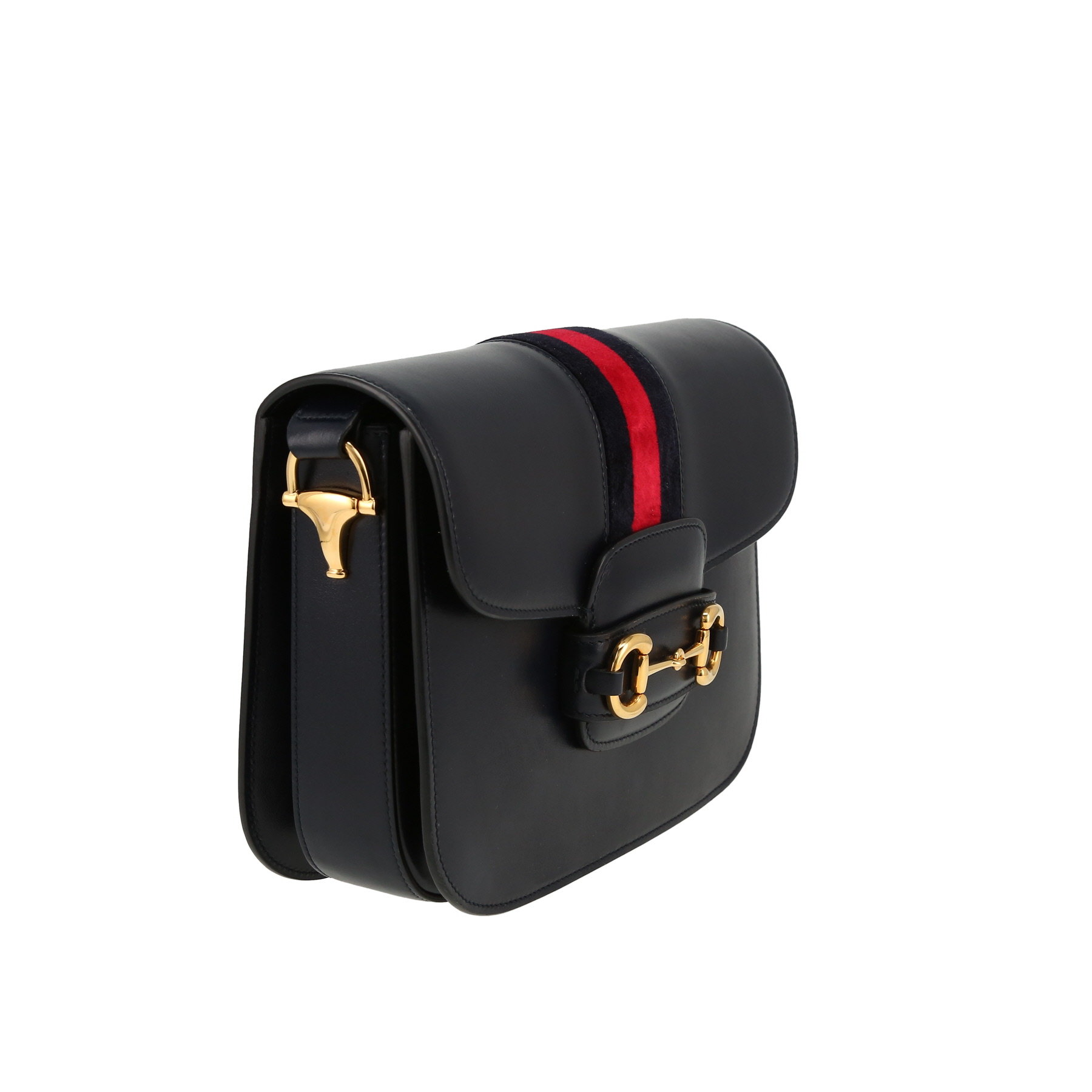 Sac bandoulière Gucci  1955 Horsebit petit modèle  en cuir bleu-marine et velours bicolore