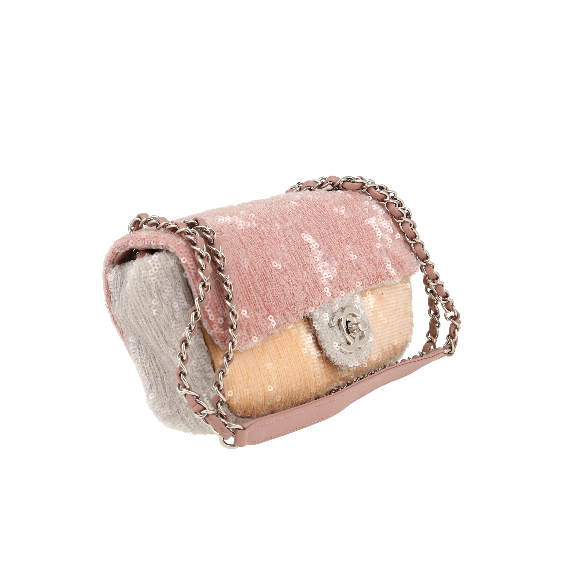Chanel  Timeless Petit shoulder bag  in pink, orange and blue canvas  and transparent paillette
