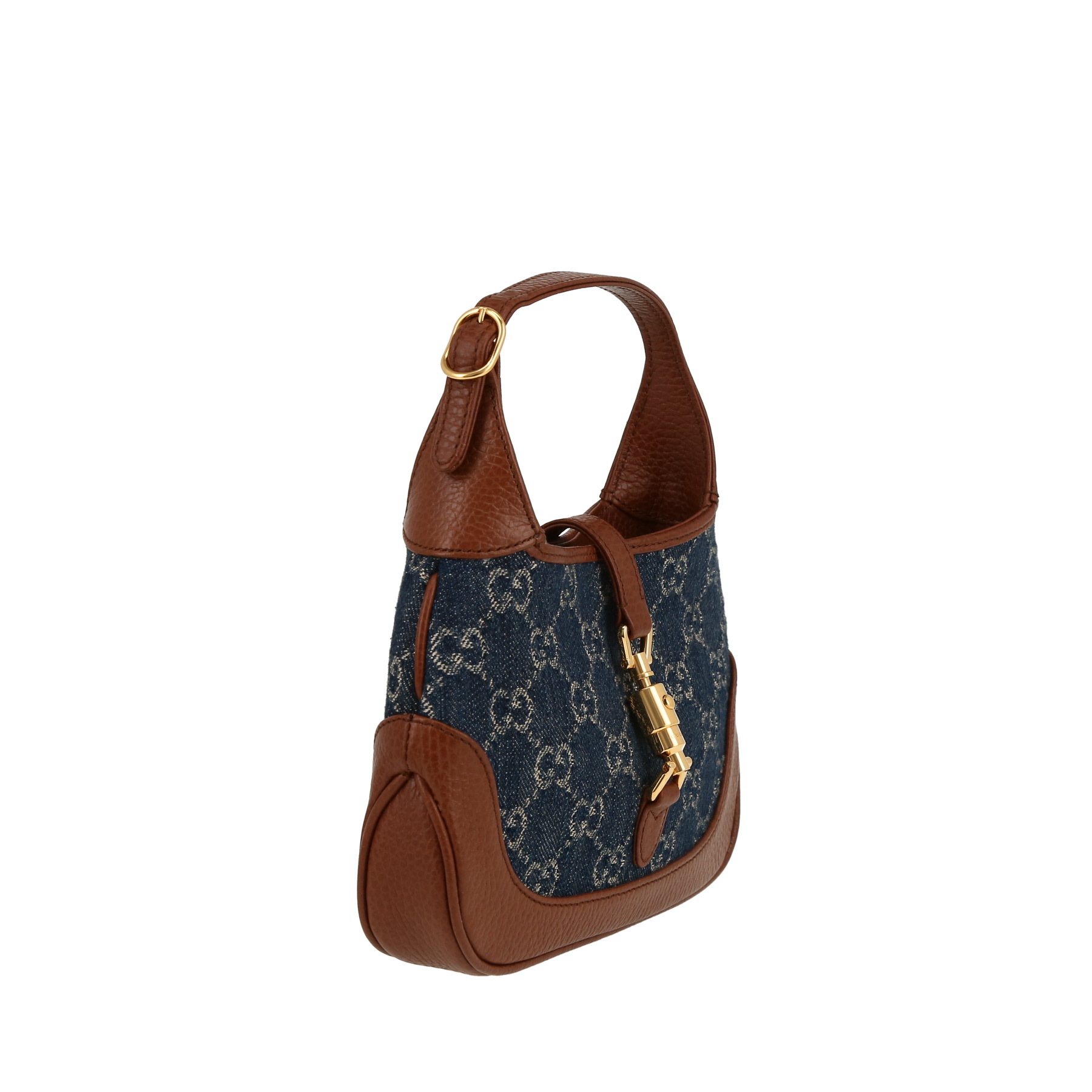 Sac à main Gucci  Jackie petit modèle  en toile denim bleue et cuir marron