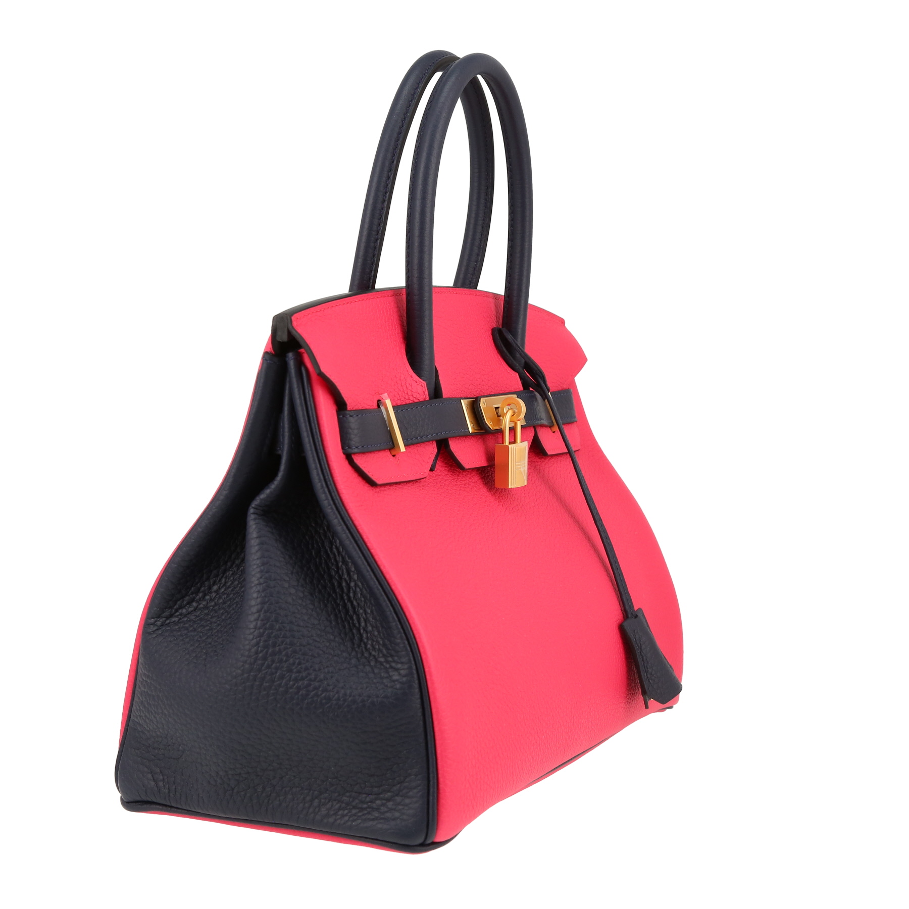 Borsa Hermès  Birkin 30 cm in pelle taurillon clemence Rose extrême e pelle taurillon clemence blu notte