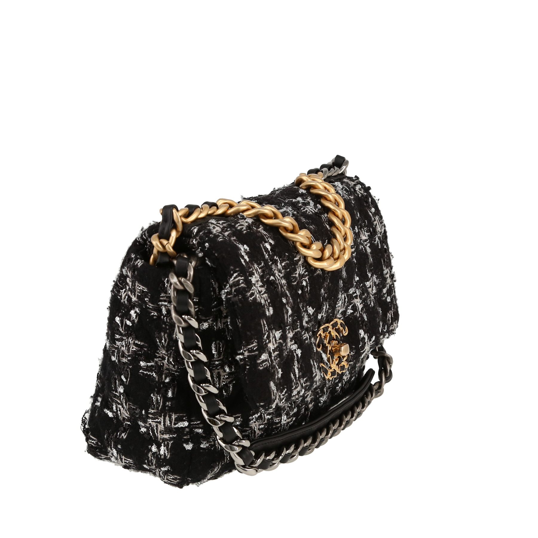 Sac bandoulière Chanel  19 en tweed noir et gris