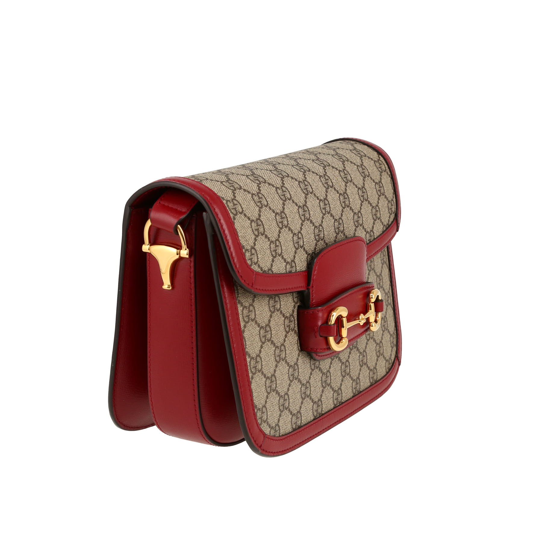 Bolso bandolera Gucci  1955 Horsebit en tejido "sûpreme GG" beige y cuero rojo
