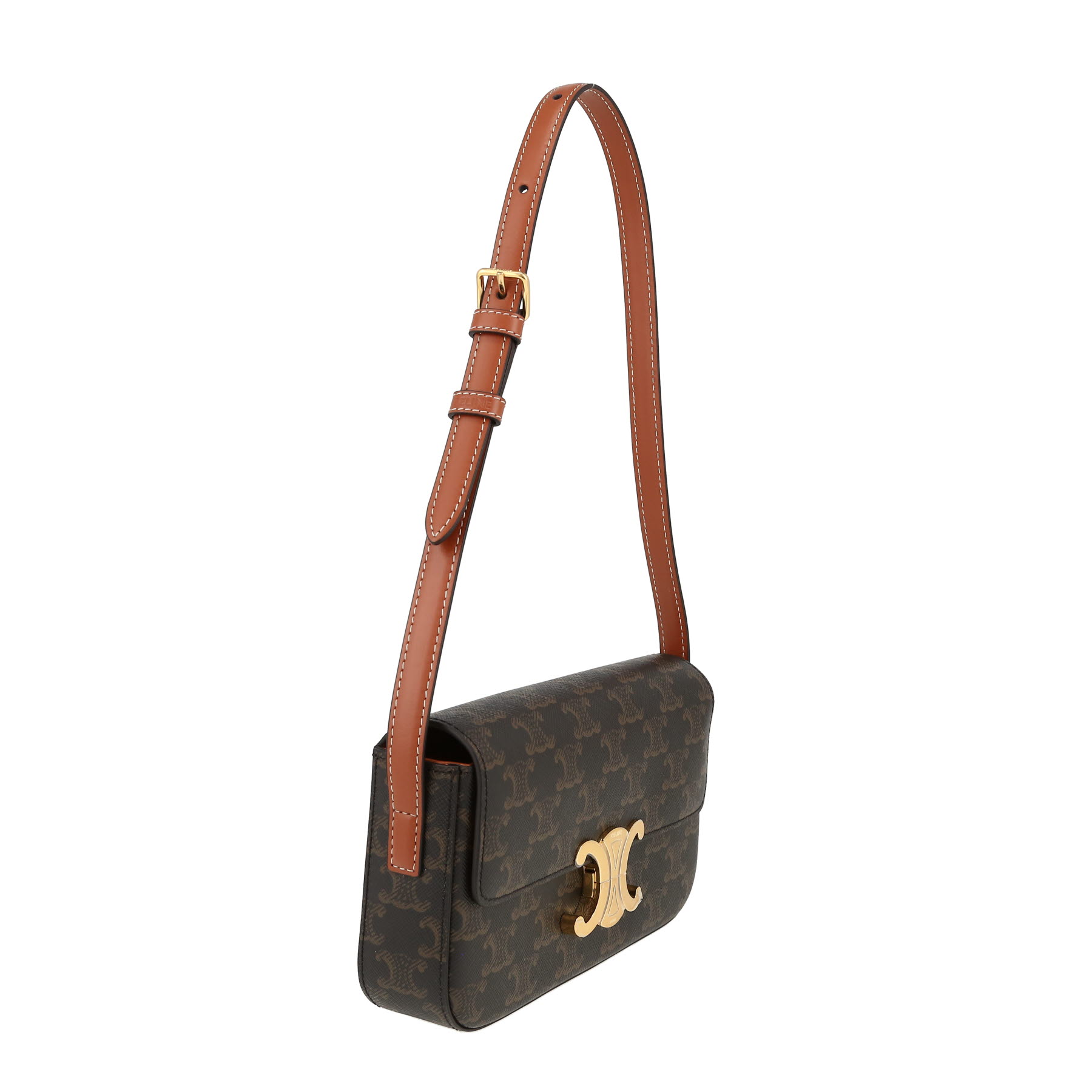 Bolso de mano Celine  Claude en tejido "Triomphe" y cuero marrón