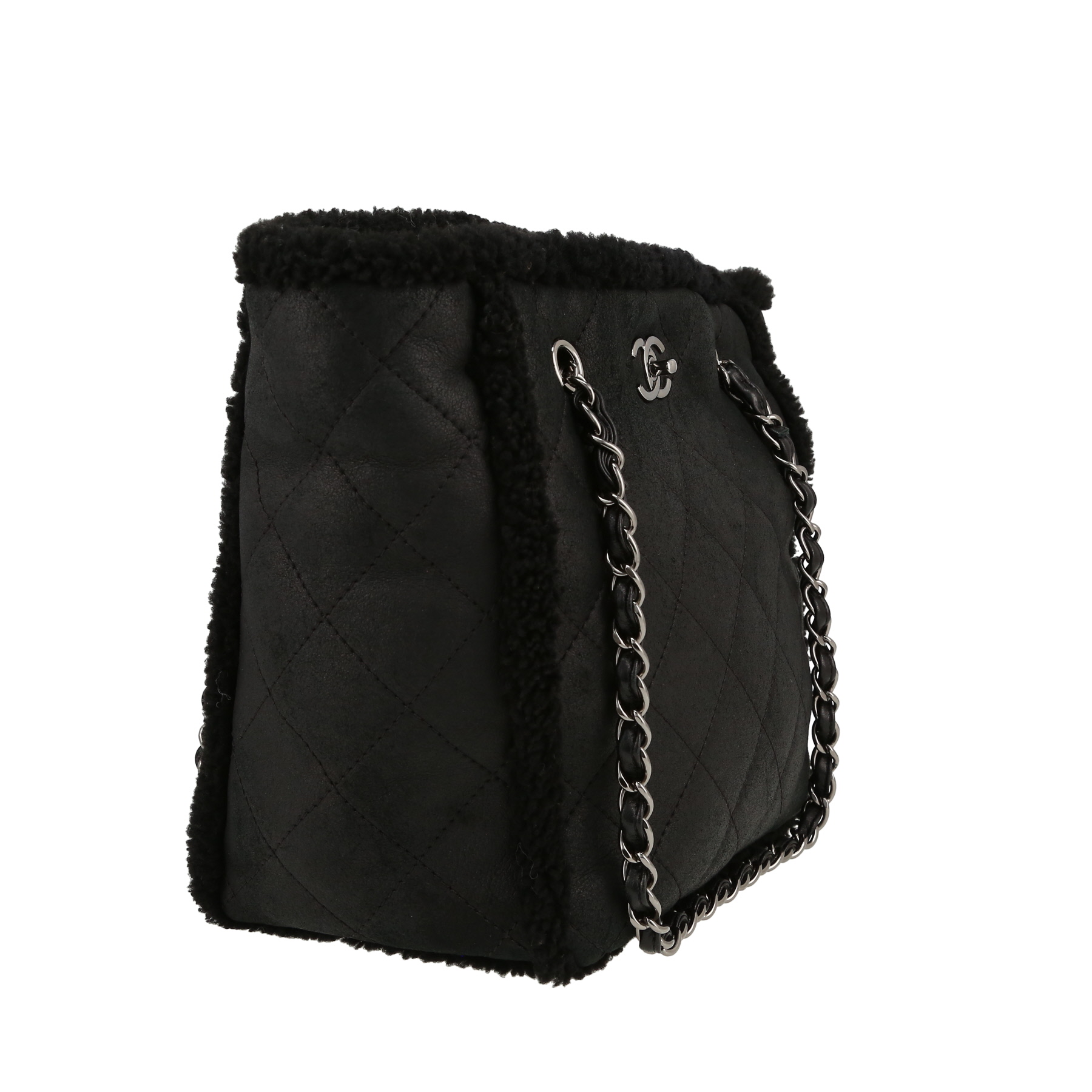 Chanel  Petit Shopping handbag  in black sheepskin  and black leather