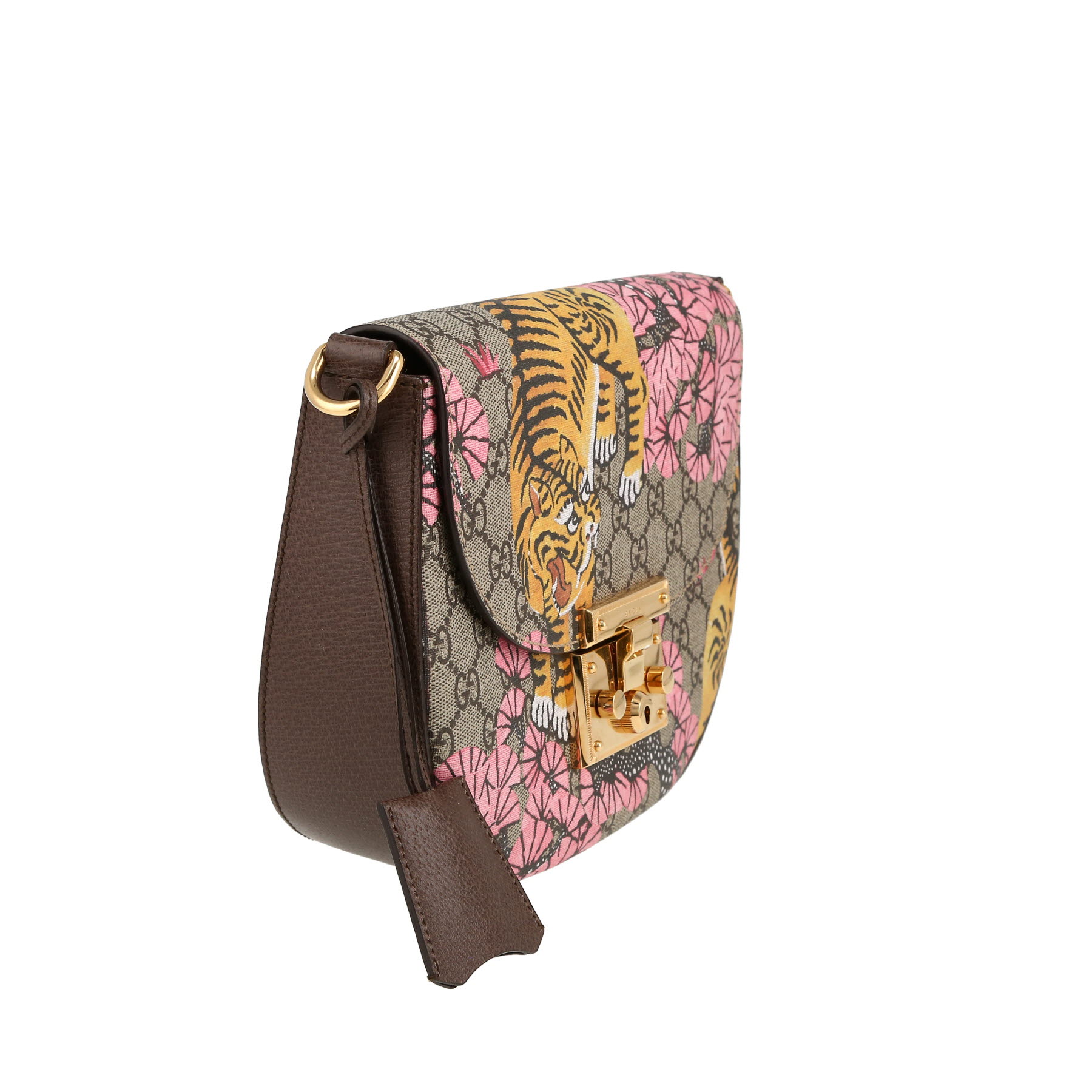 Sac porté épaule ou main Gucci  Padlock Bengal en toile monogram beige et cuir marron