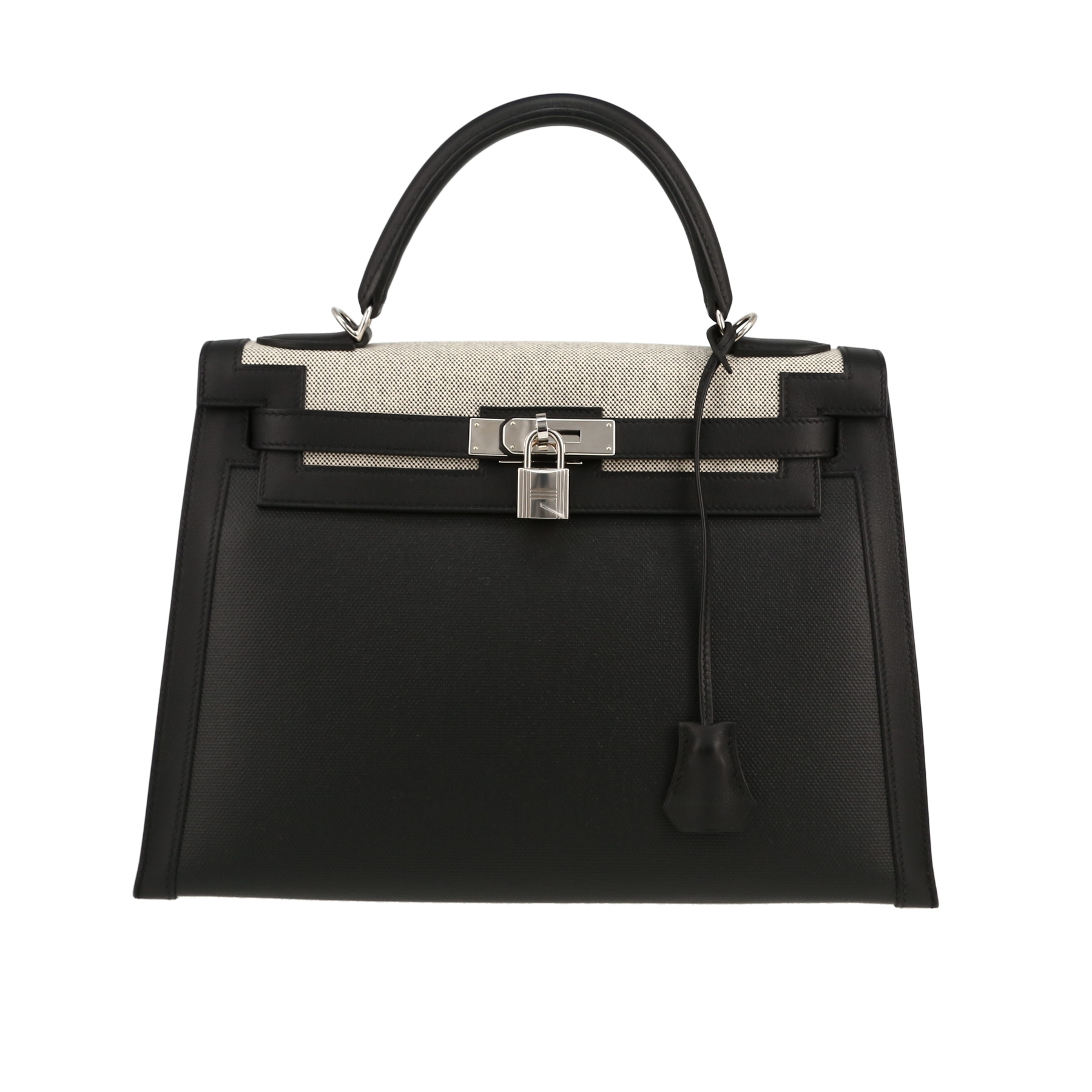 Kelly 32 cm Handbag In Black And Cream Color Canvas And