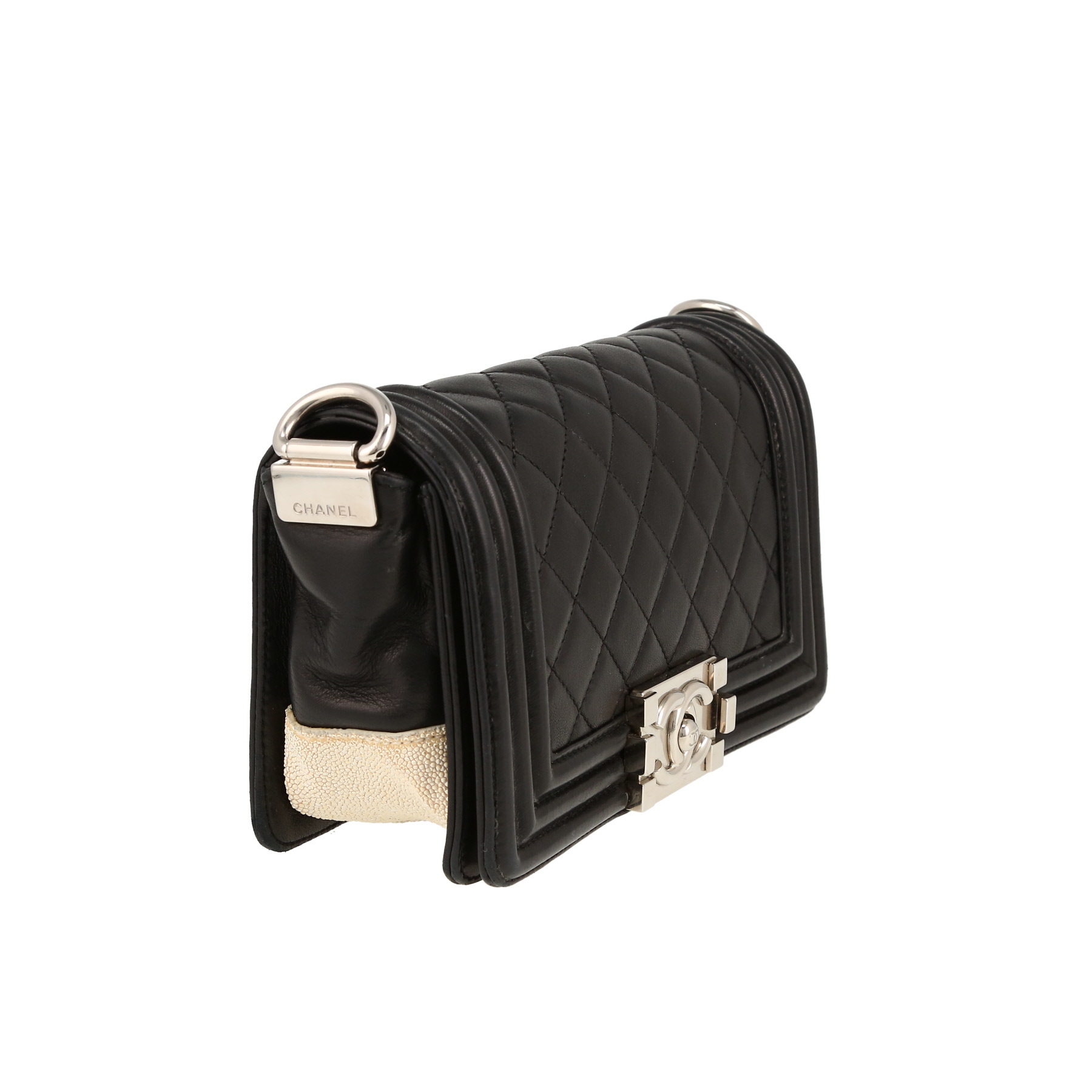 Chanel  Boy small model  shoulder bag  in black quilted leather  and white shagreen