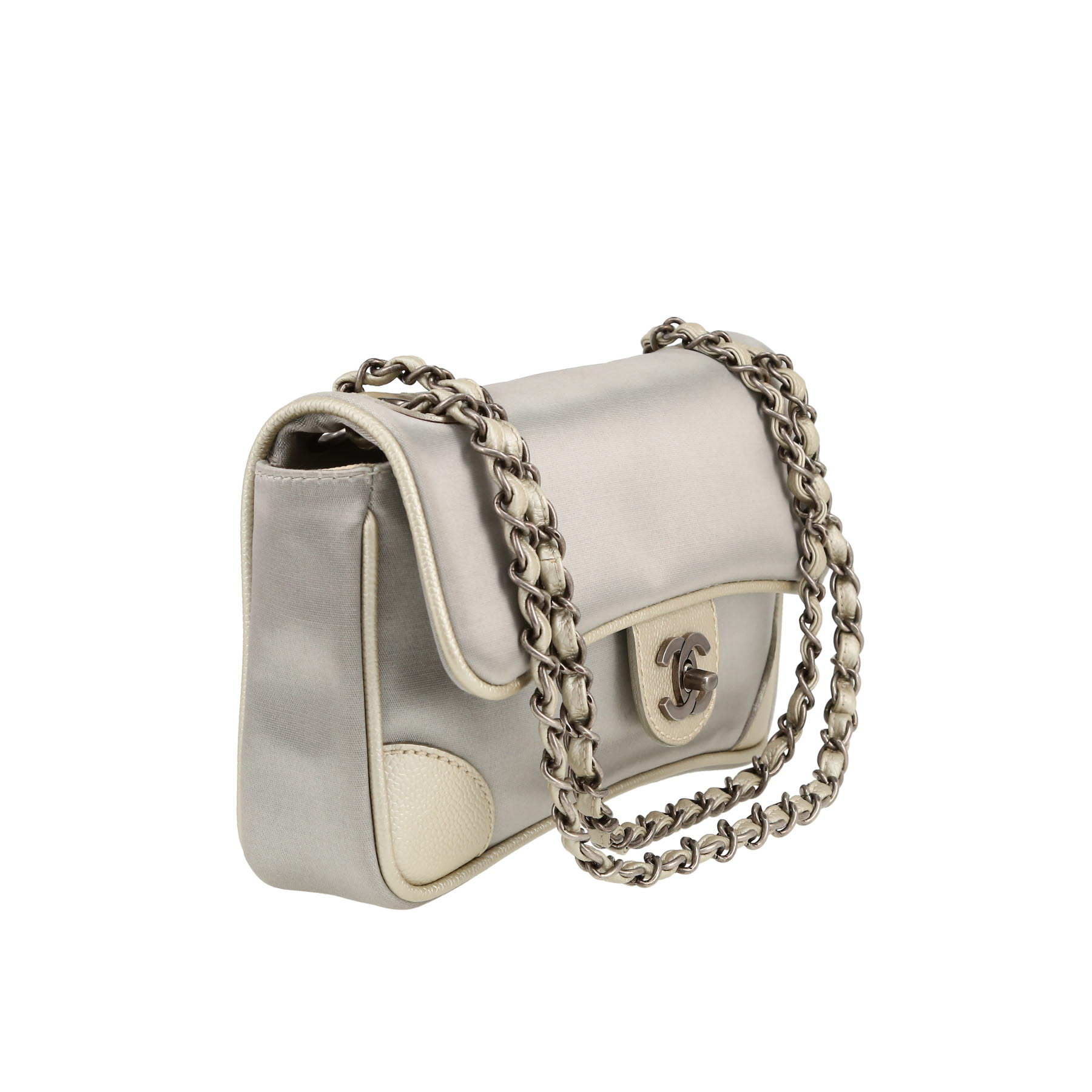 Chanel  Timeless handbag  in grey satin  and silver grained leather