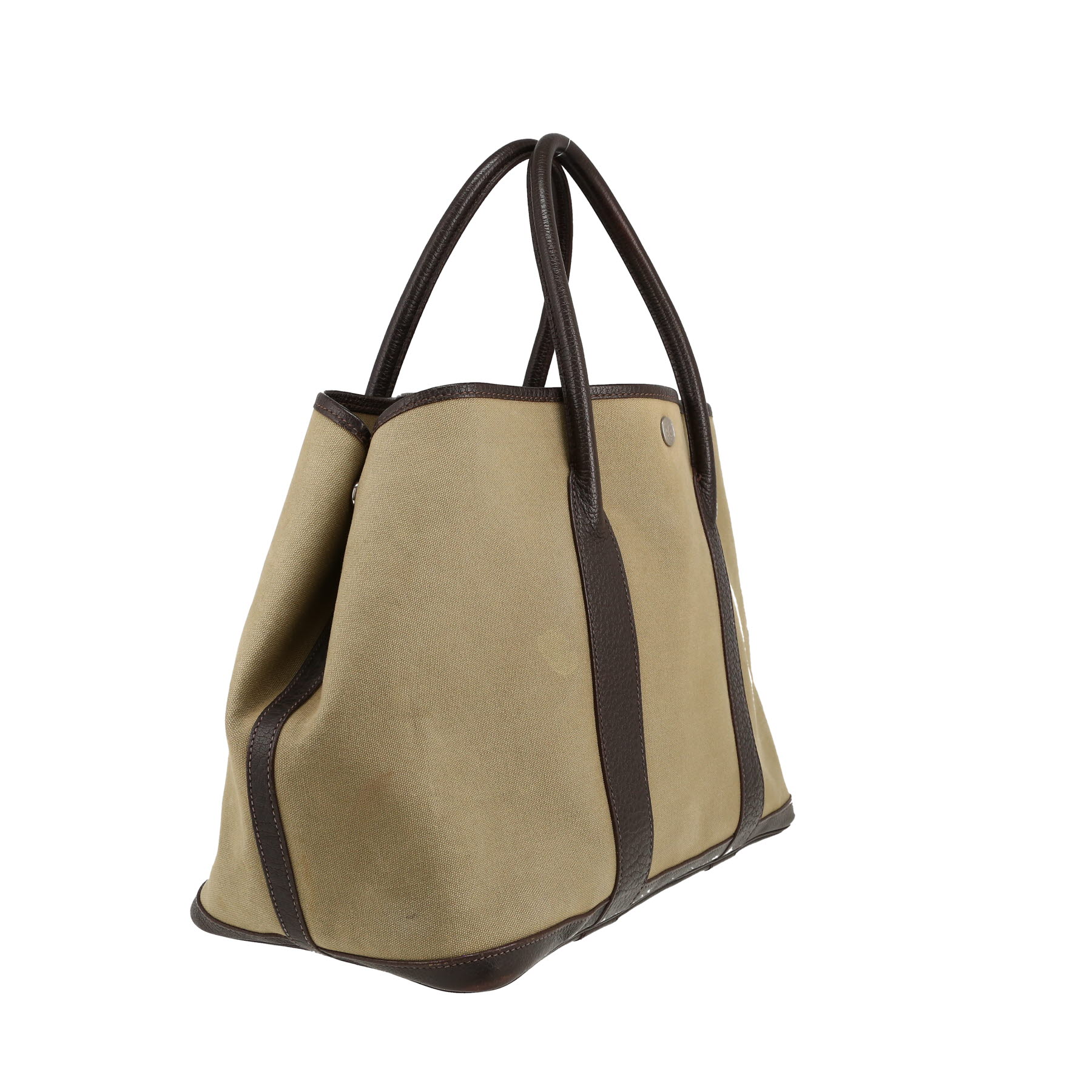 Sac cabas Hermès  Garden en toile vert-kaki et cuir marron