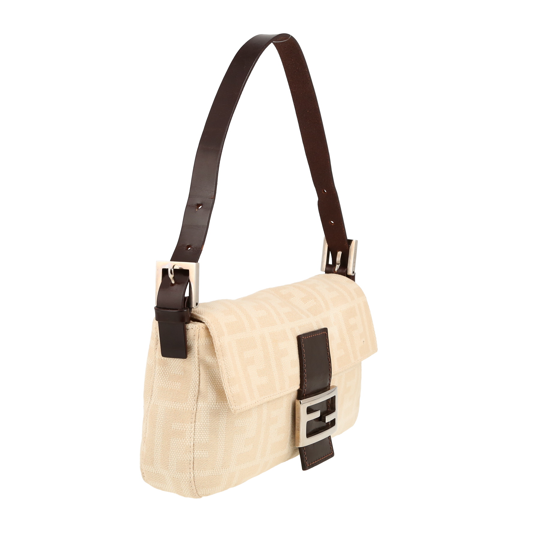 Fendi  Baguette handbag  in beige logo canvas  and brown leather