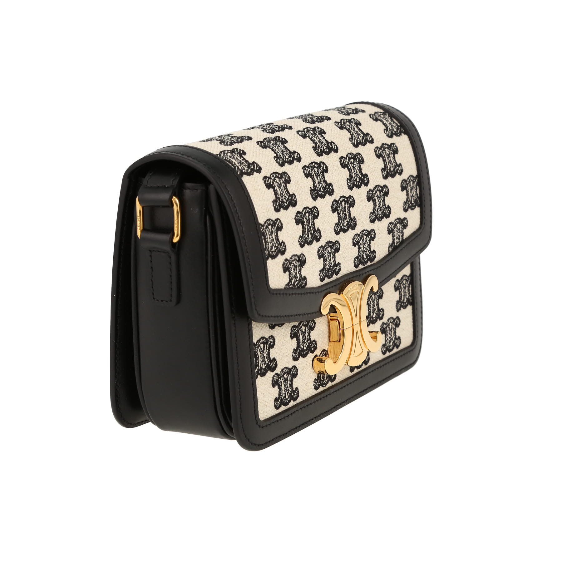 Celine  Triomphe Teen shoulder bag  in black and cream color "Triomphe" canvas  and black leather