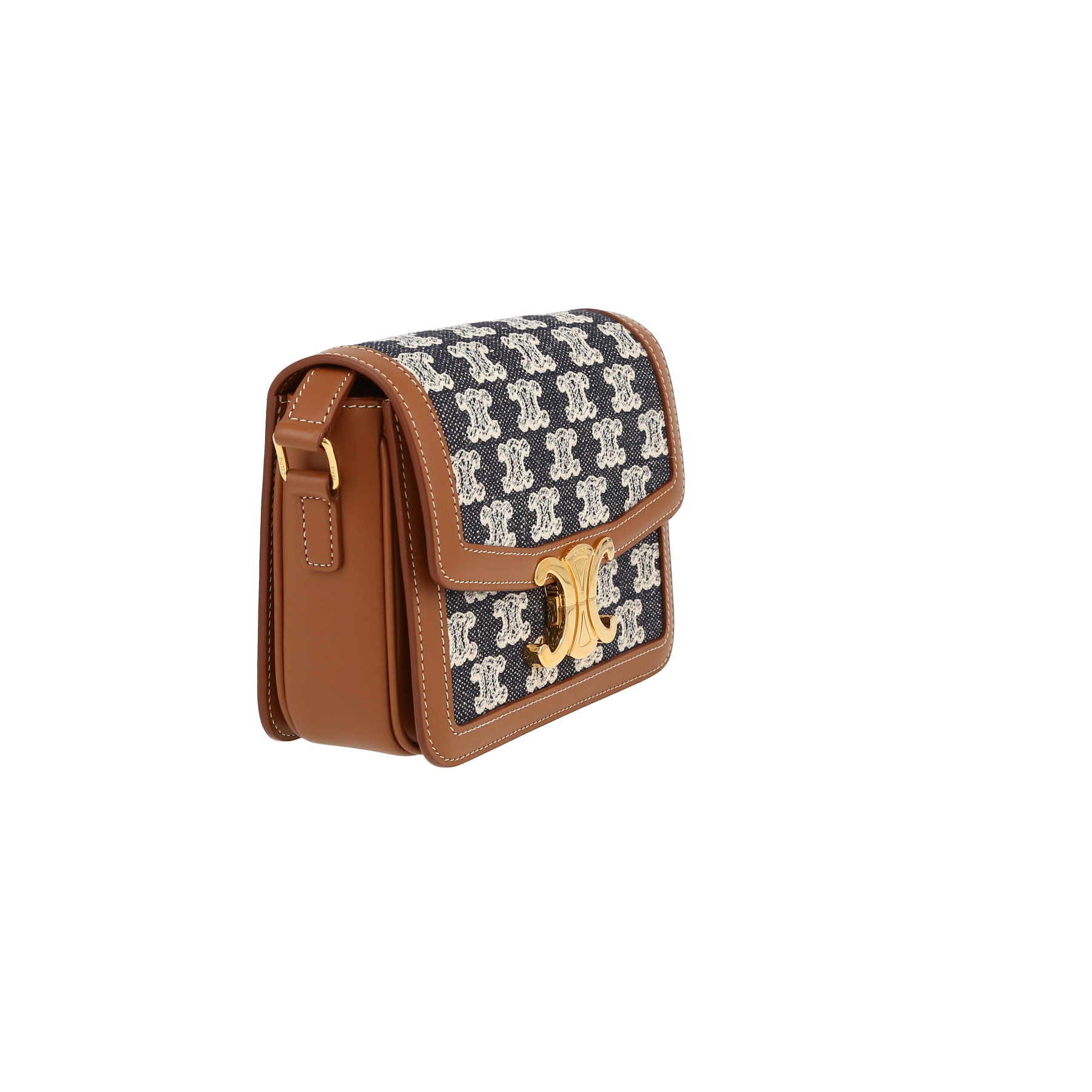 Celine  Triomphe Teen shoulder bag  in navy blue "Triomphe" canvas  and brown leather