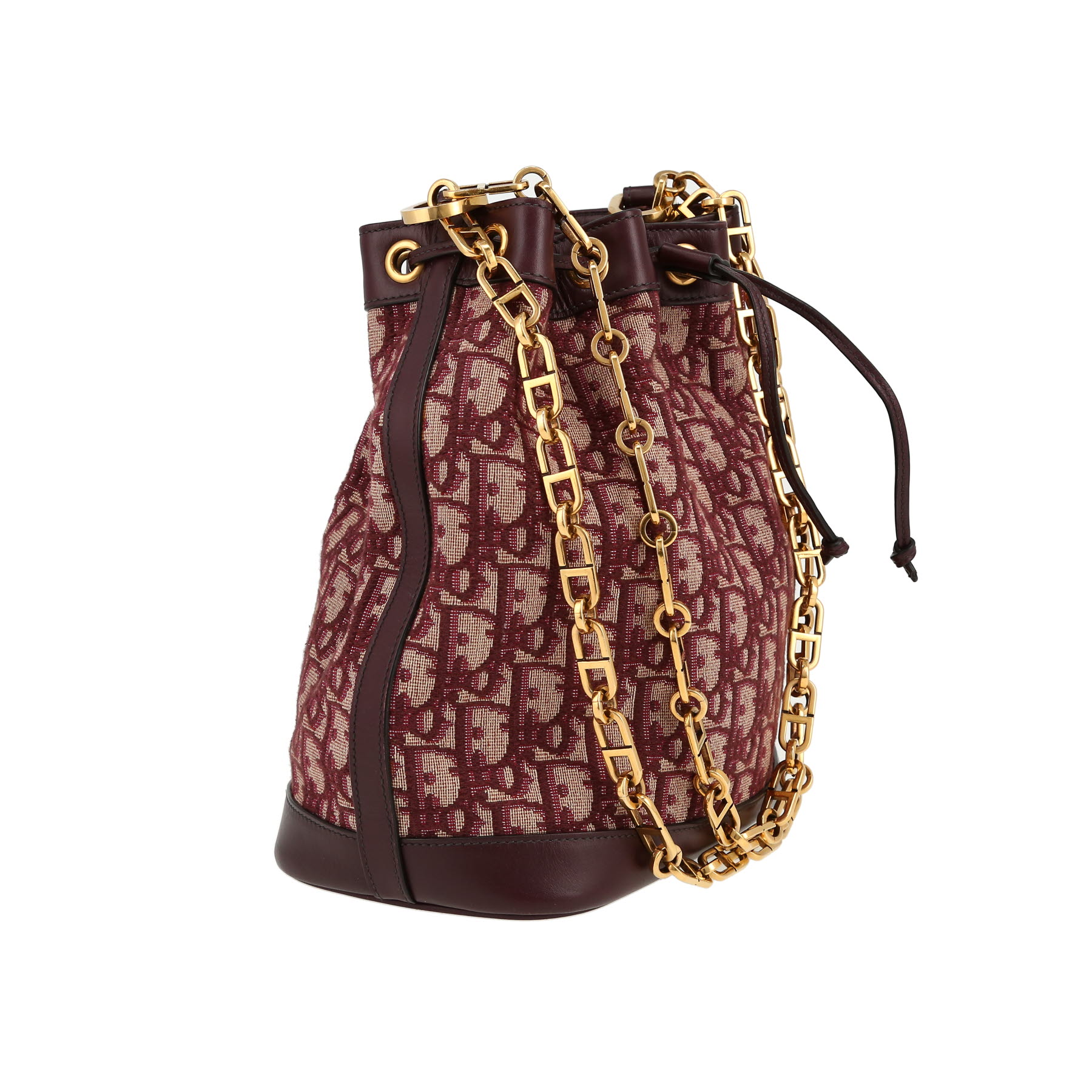 Sac à main Dior  Bucket en toile monogram Oblique bordeaux et cuir bordeaux