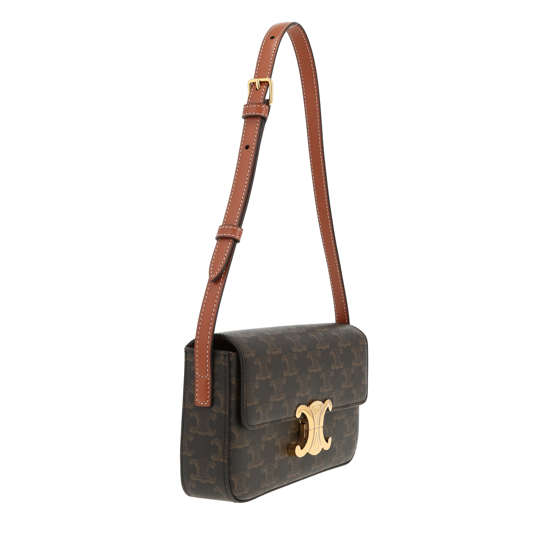 Bolso de mano Celine  Claude en tejido "Triomphe" y cuero marrón