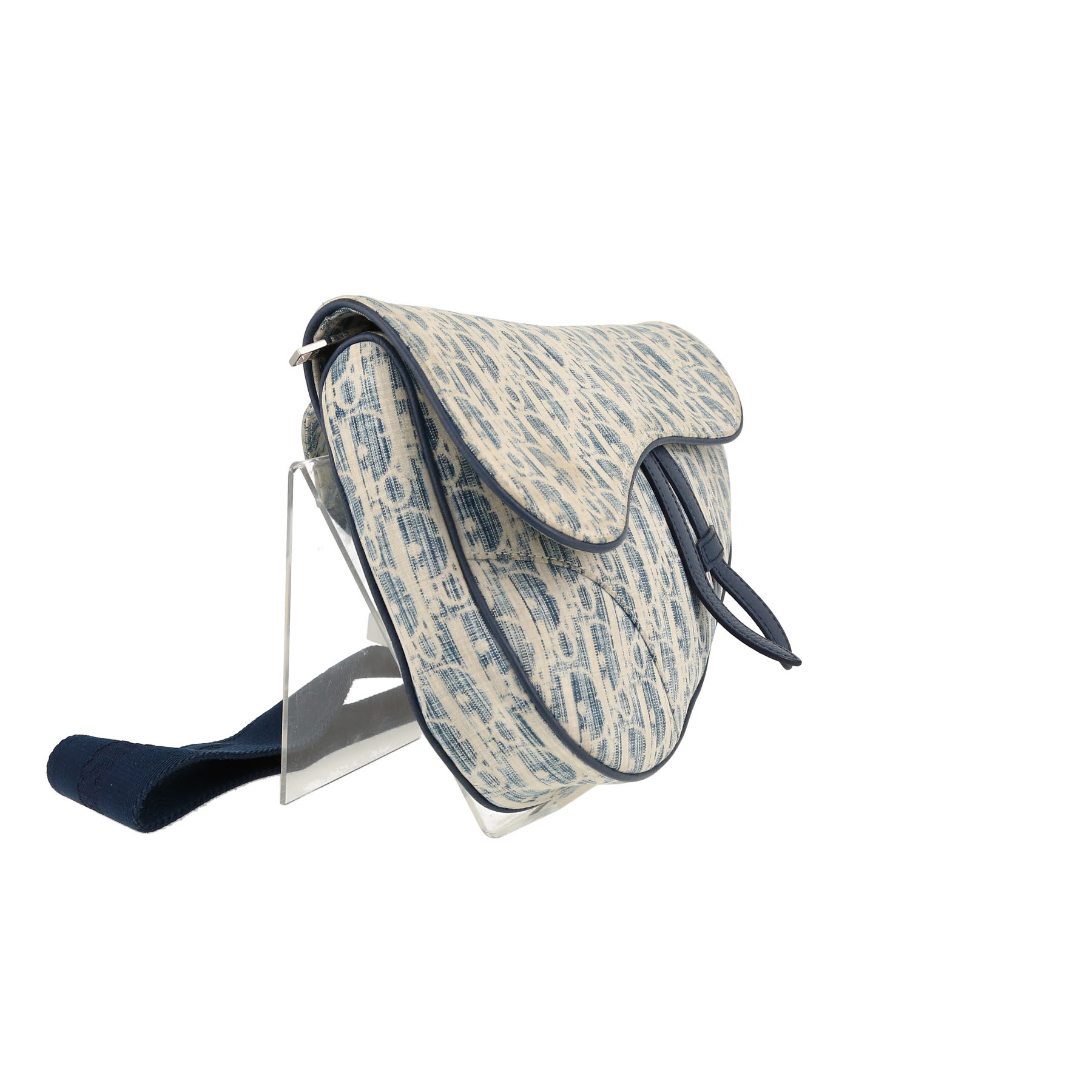 Sac bandoulière Dior  Pochette Saddle en toile siglée bleue et blanche et cuir bleu