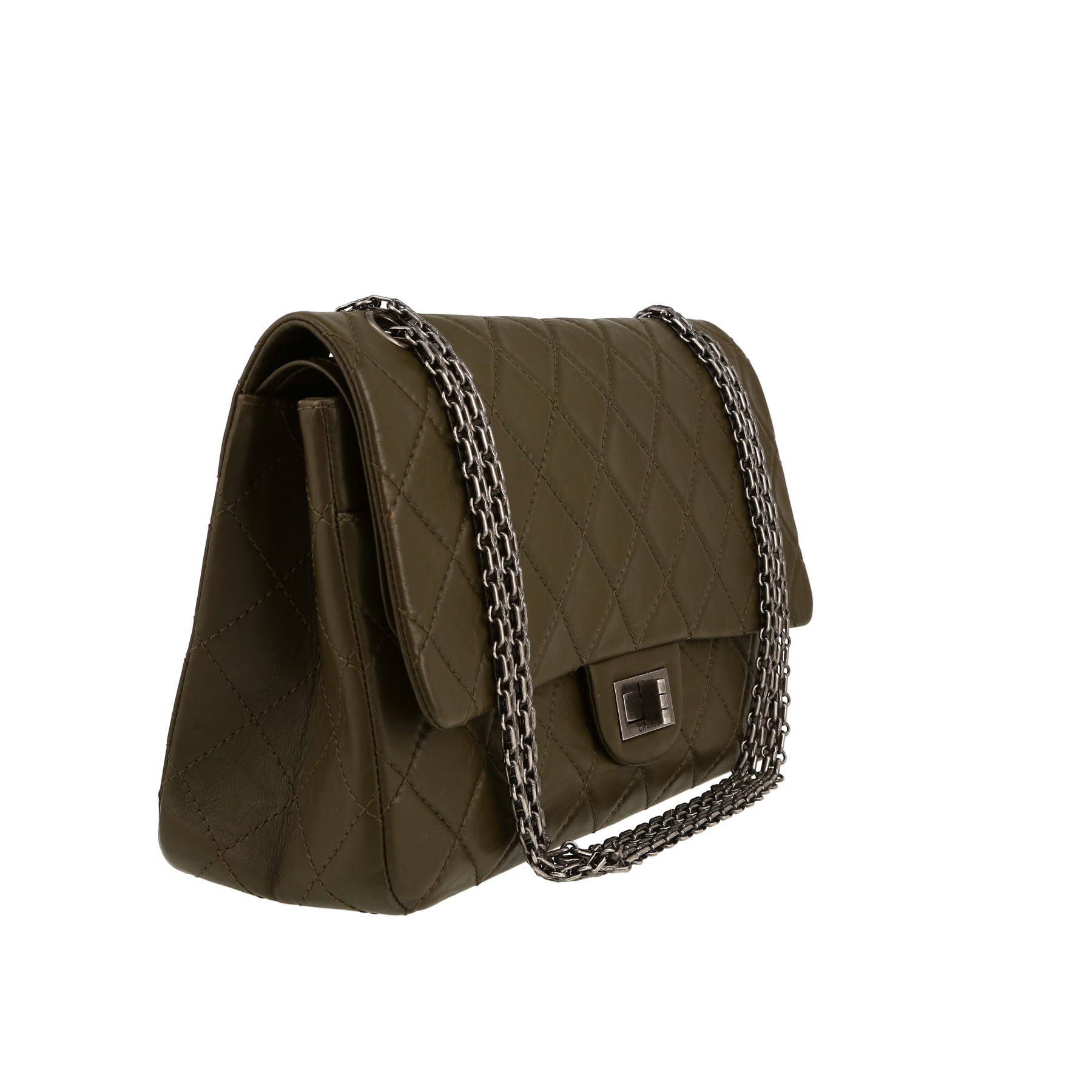 Sac à main Chanel 2.55 en cuir matelassé vert-kaki