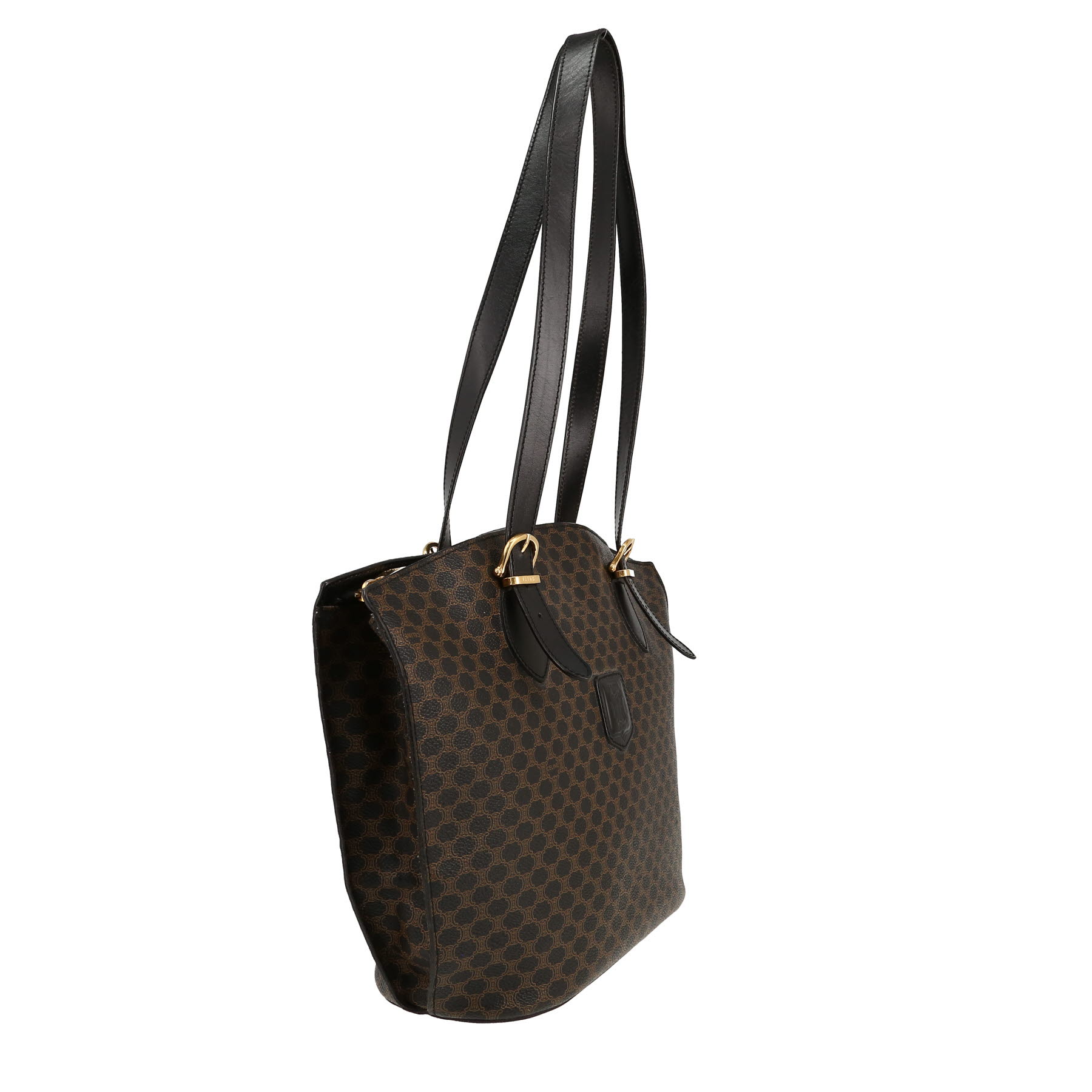 Celine  Vintage bag worn on the shoulder or carried in the hand  in brown and black "Triomphe" canvas  and black leather