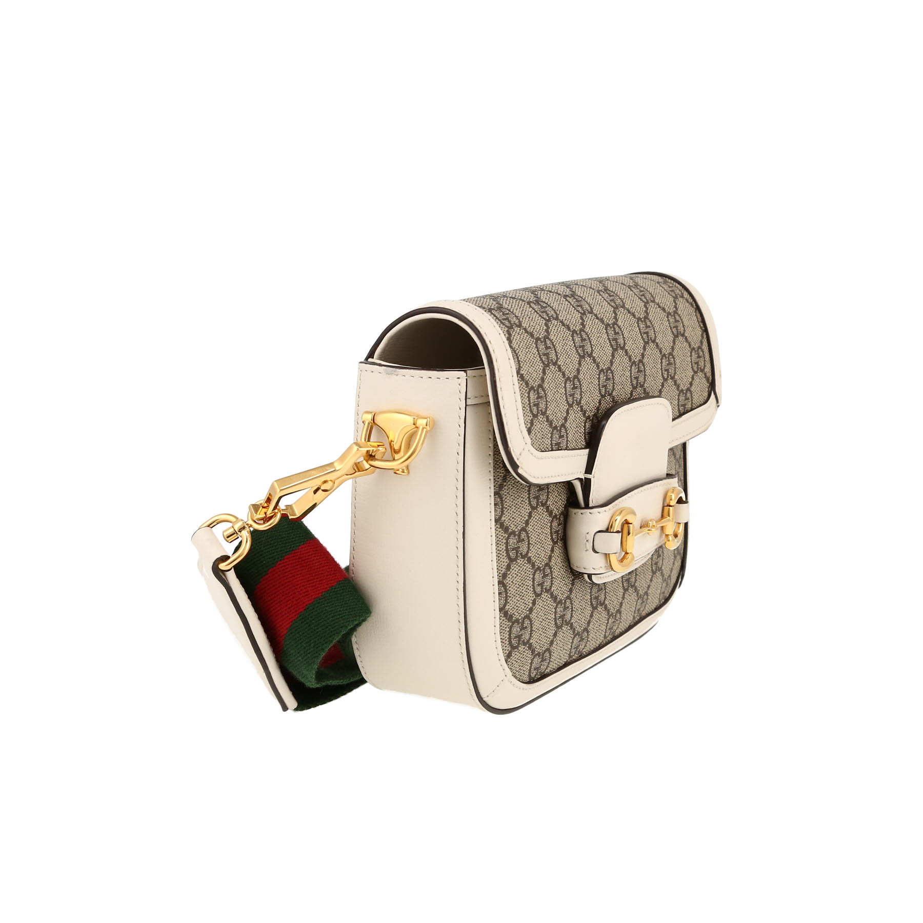 Gucci  1955 Horsebit mini  shoulder bag  in beige monogram canvas  and white leather