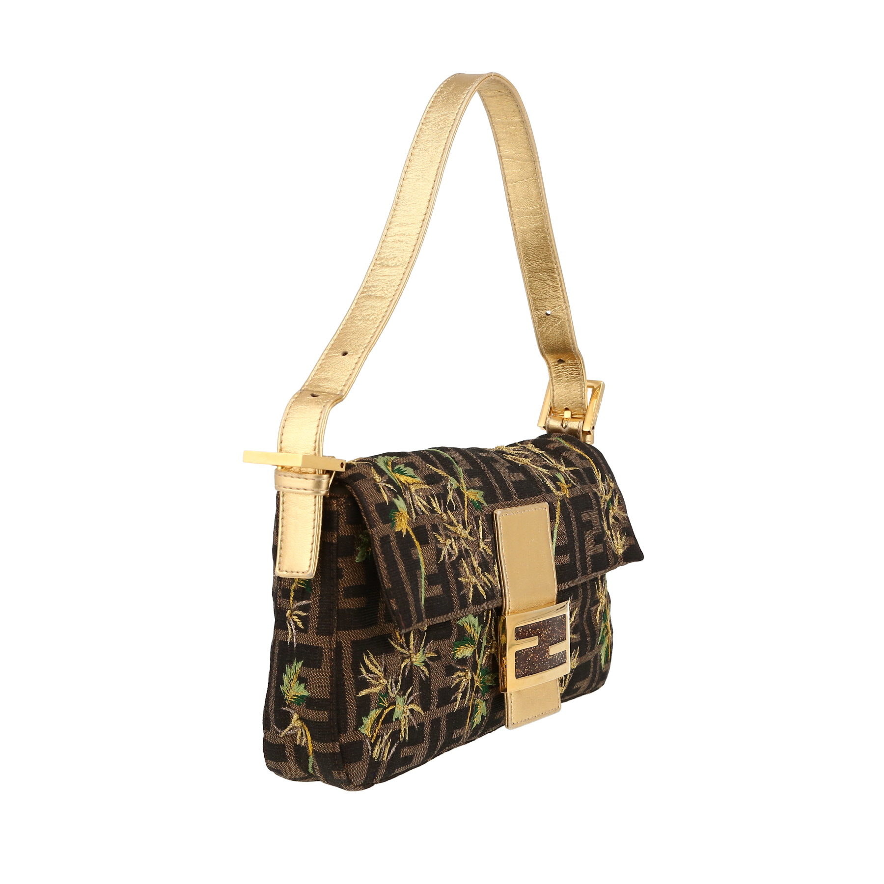Fendi  Baguette handbag  in brown logo canvas  and gold leather