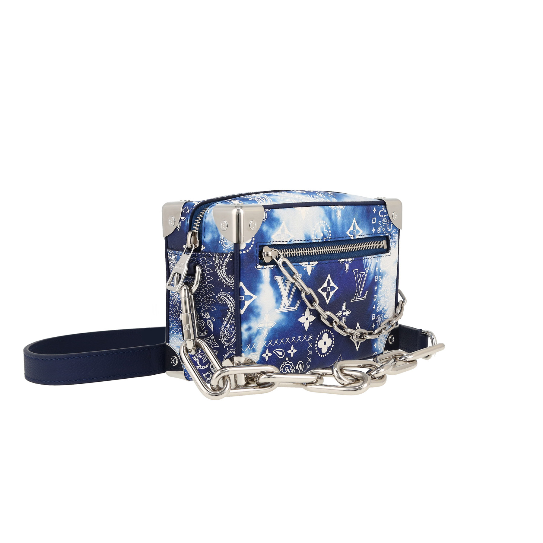 Sac bandoulière Louis Vuitton  Soft Trunk en toile monogram bleue et blanche et cuir bleu-marine