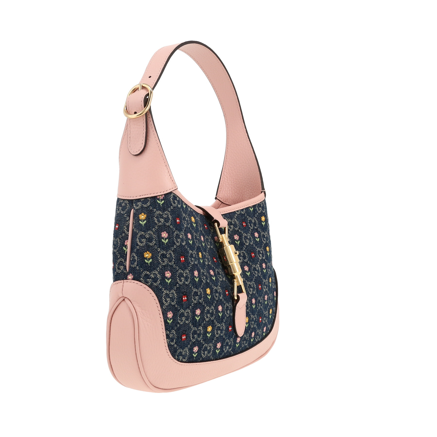 Sac bandoulière Gucci  Jackie en toile denim bleue et cuir rose