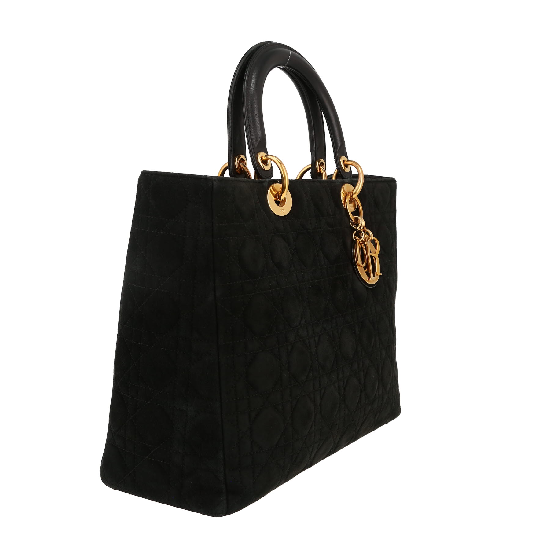 Sac à main Dior  Lady Dior grand modèle  en daim matelassé noir et cuir noir