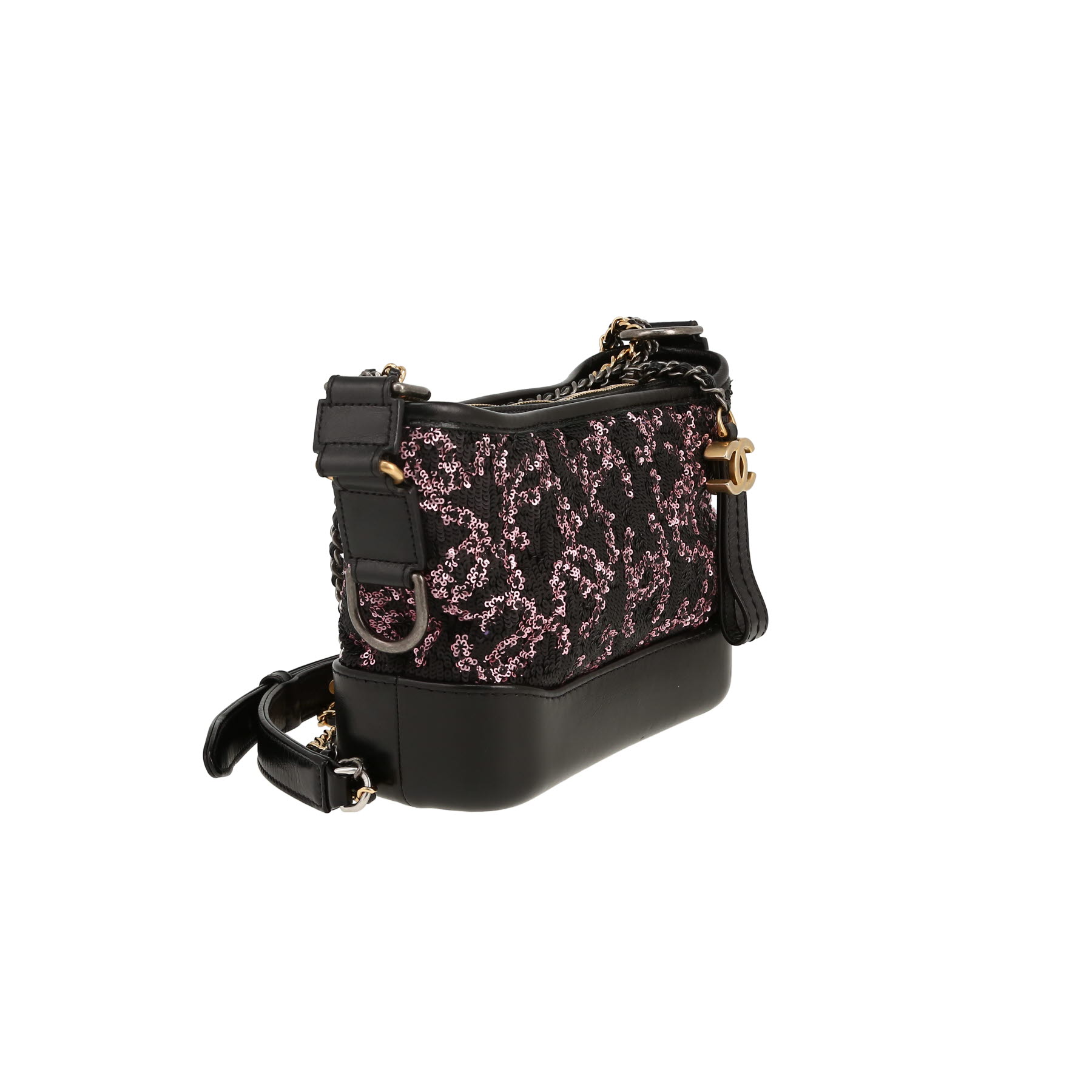 Bolso bandolera Chanel  Gabrielle  modelo pequeño  en lentejuelas negras y rosas y cuero negro