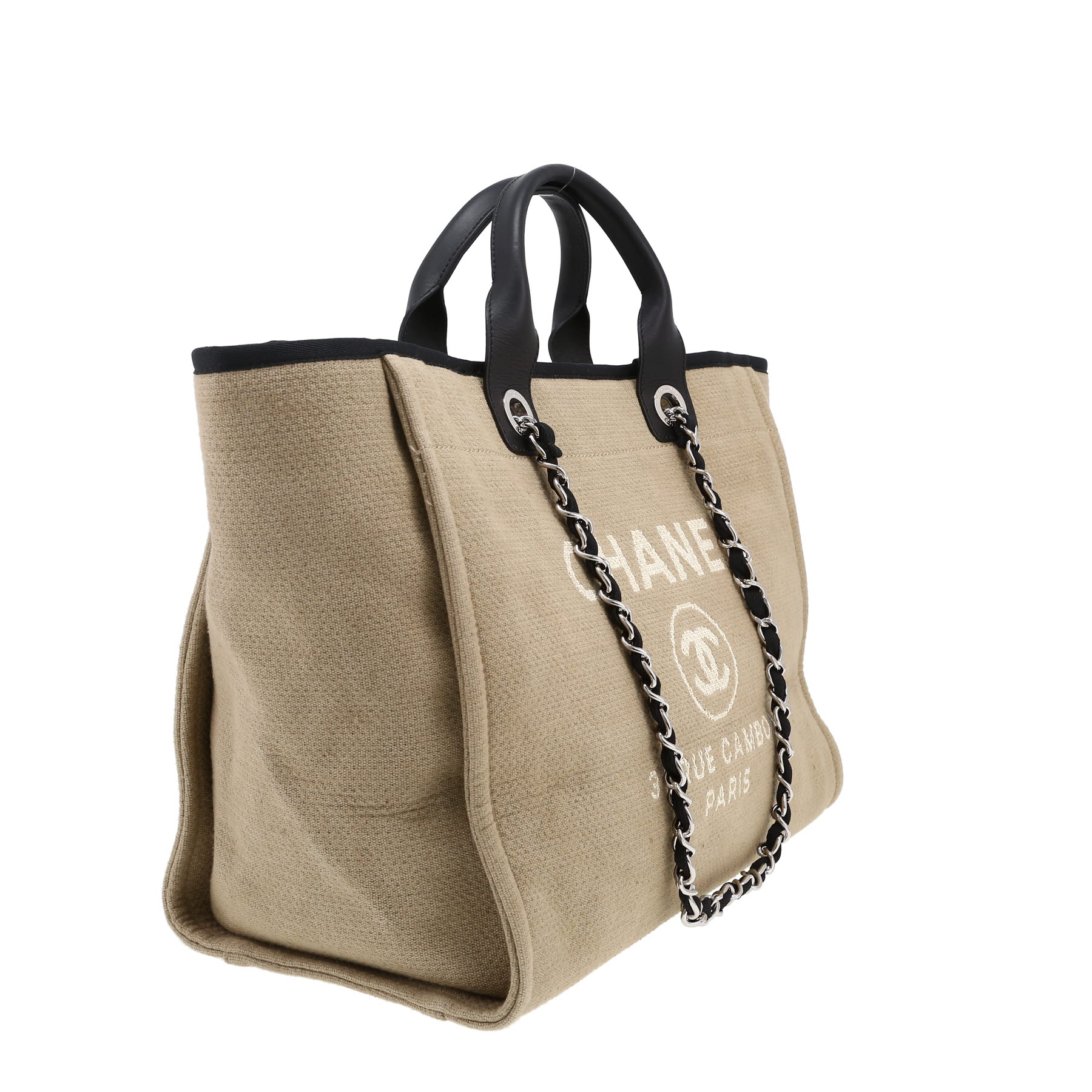 Sac cabas Chanel  Deauville en toile beige et cuir noir