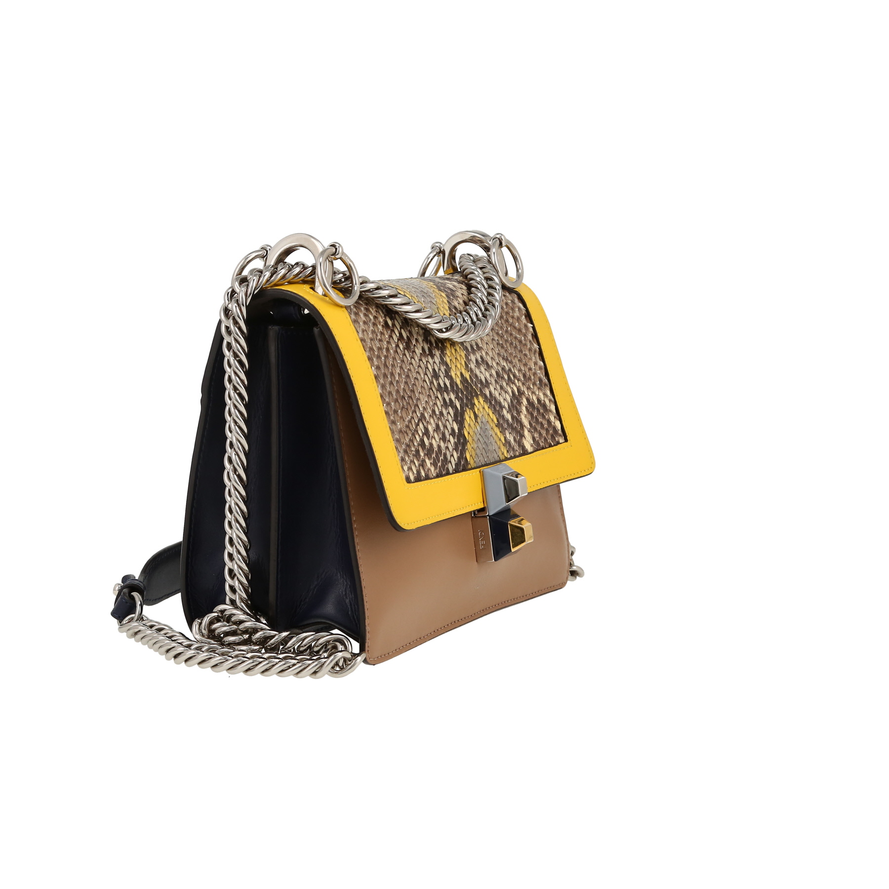 Sac à main Fendi  Kan I petit modèle  en cuir taupe bleu et jaune et python