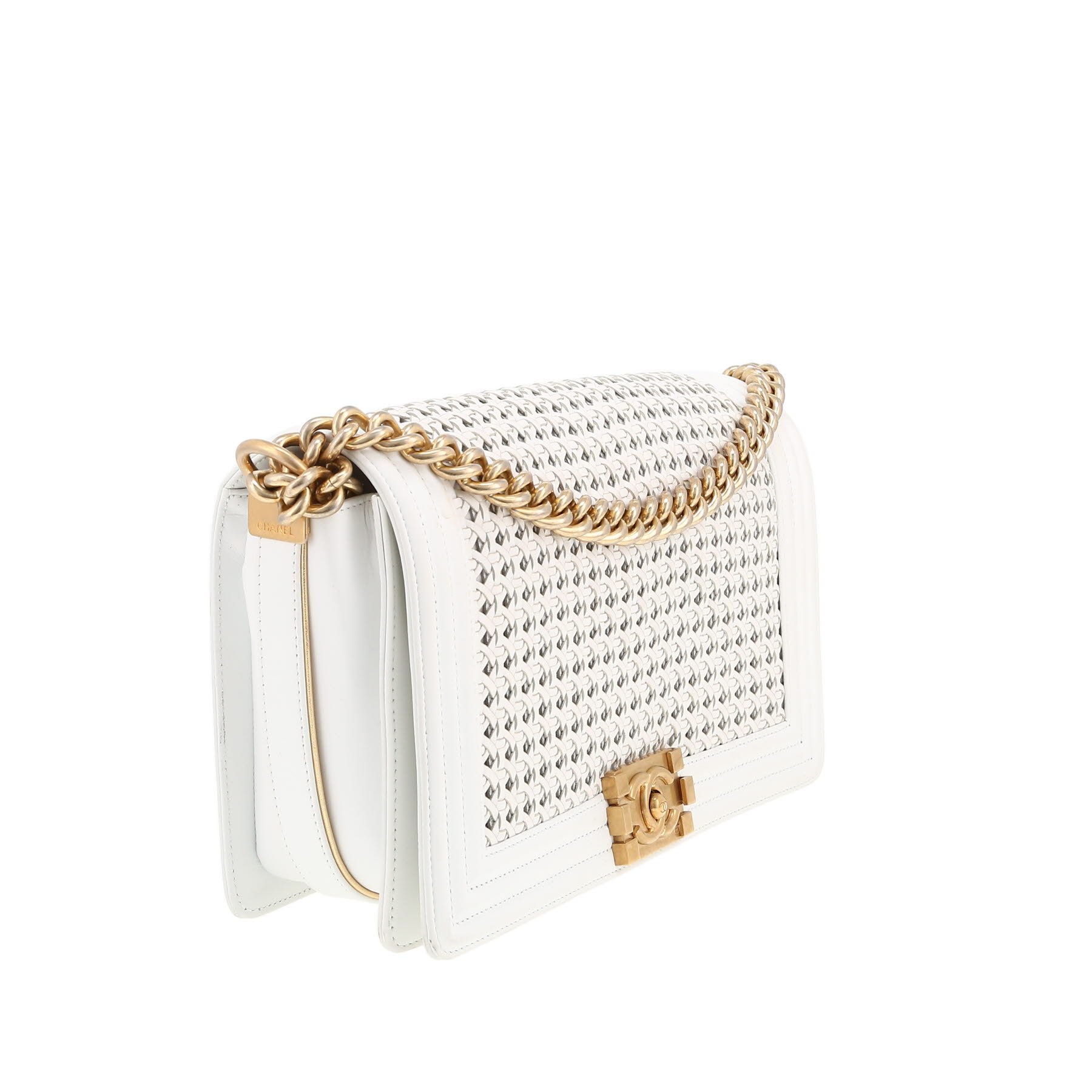 Sac à main Chanel  Boy en cuir tressé blanc