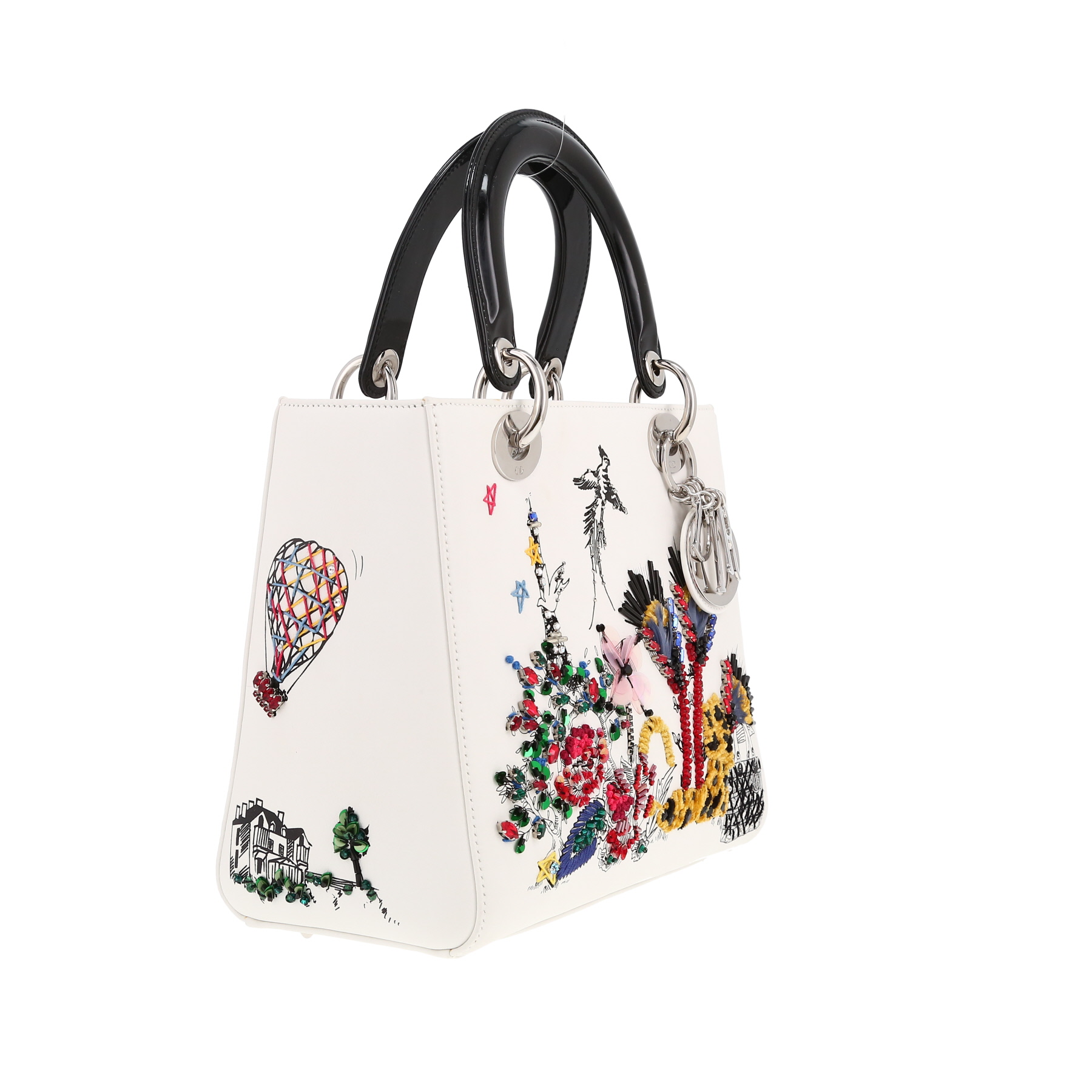 Sac à main Dior  Lady Dior en cuir blanc et cuir verni noir