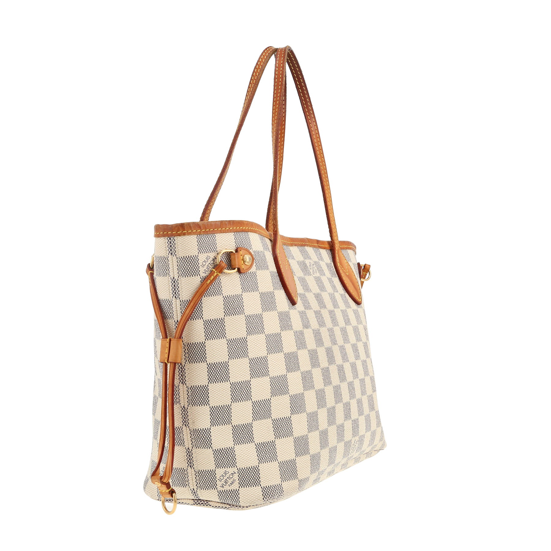 Bolso Cabás Louis Vuitton  Neverfull modelo pequeño  en lona a cuadros azul celeste y cuero natural