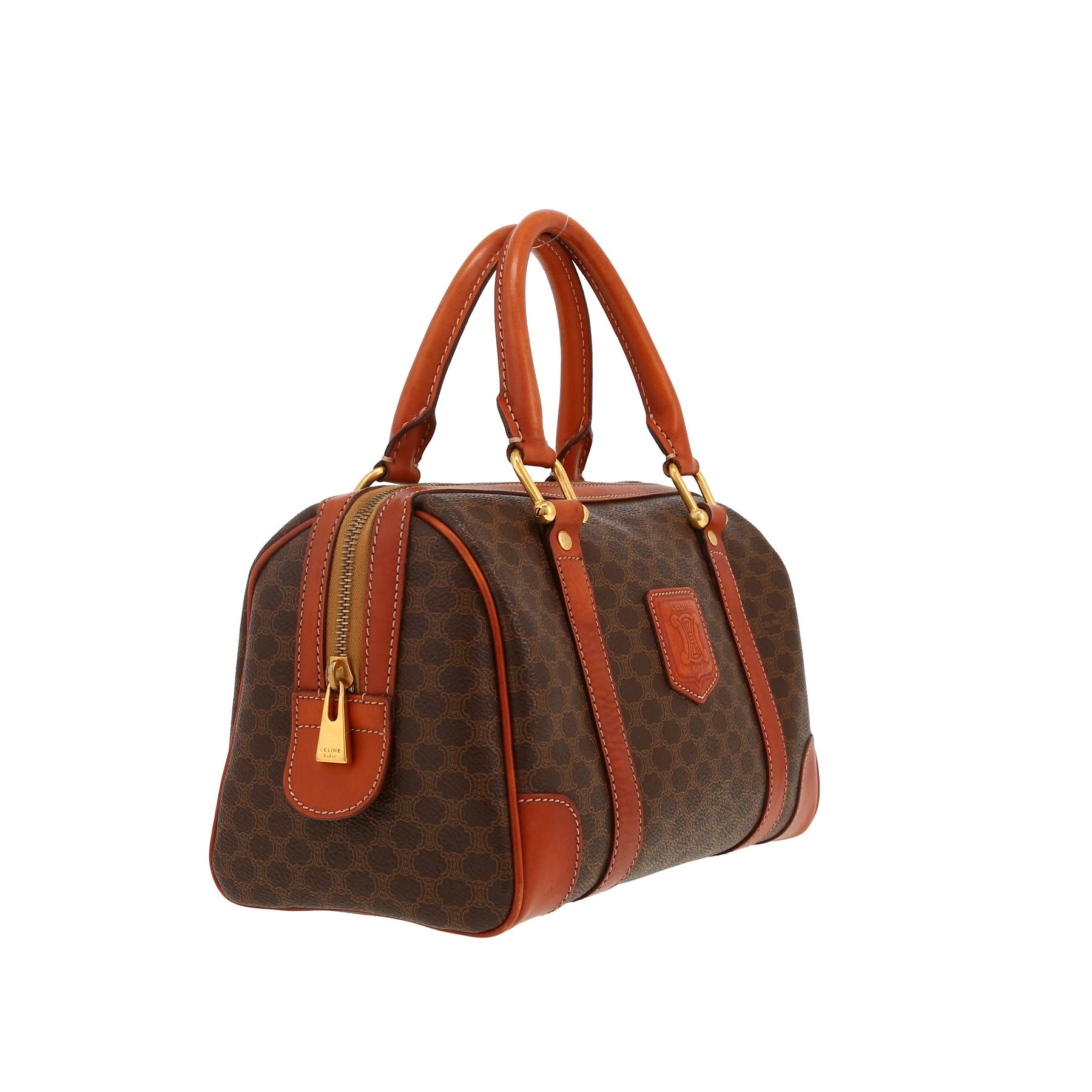 Bolso de mano Celine   en tejido "Triomphe" y cuero marrón