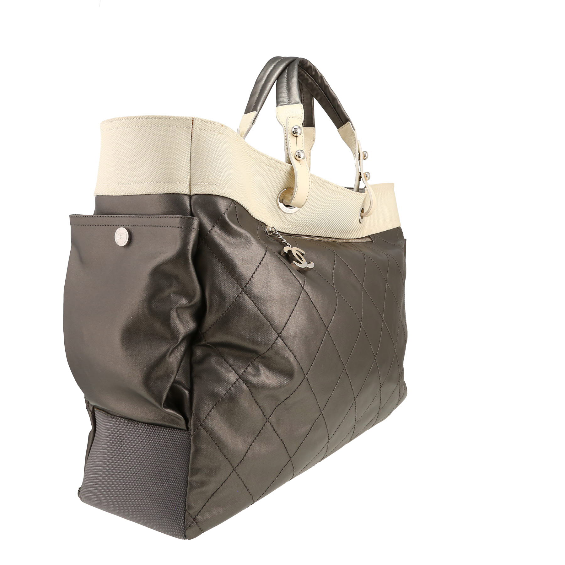 Chanel  Paris-Biarritz shopping bag  in grey canvas  and white canvas