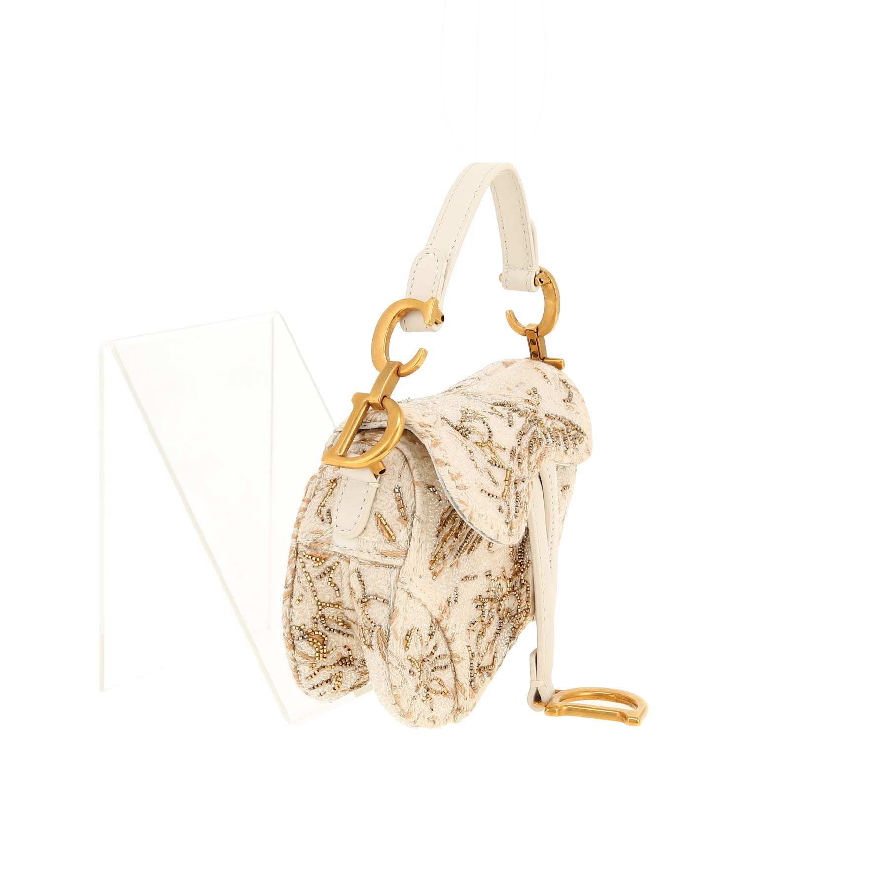 Bolso de mano Dior  Saddle mini  en lona beige y cuero blanco