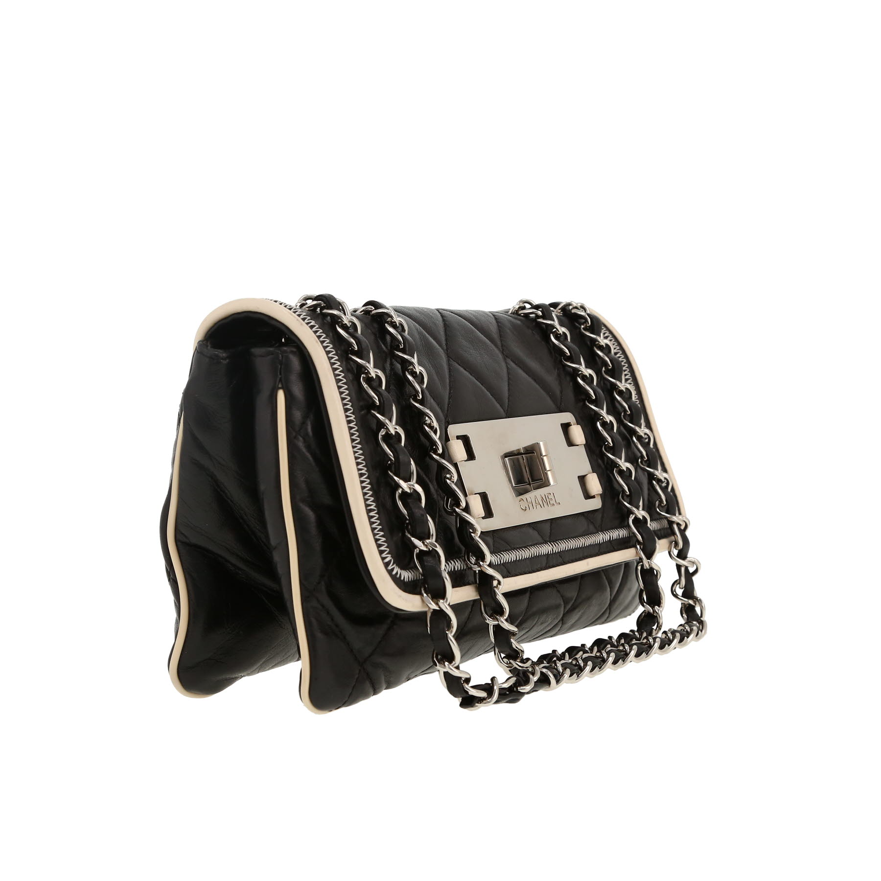 Bolso de mano Chanel  Croisière en cuero acolchado negro y junco blanco