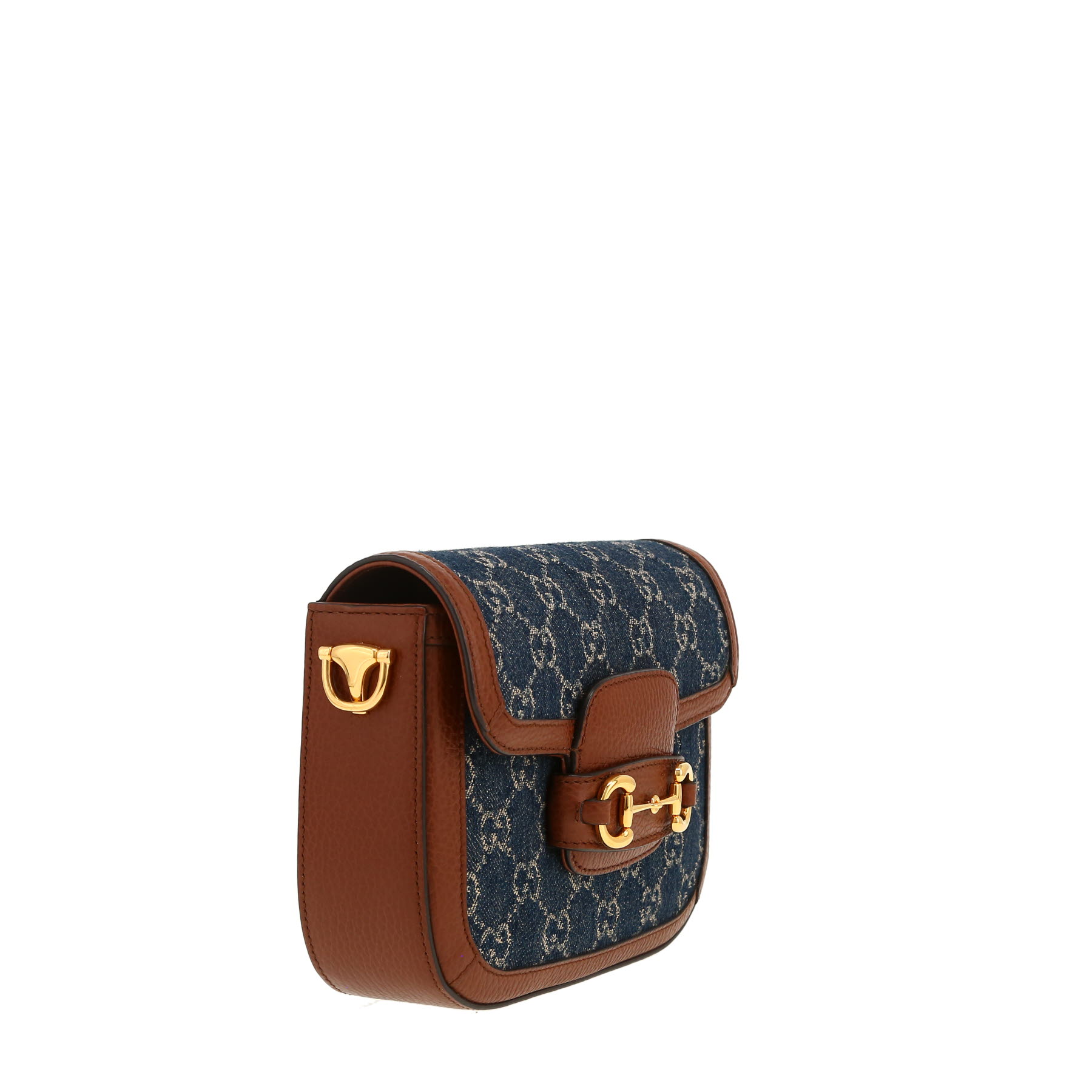Gucci  1955 Horsebit mini  shoulder bag  in blue monogram denim canvas  and brown leather
