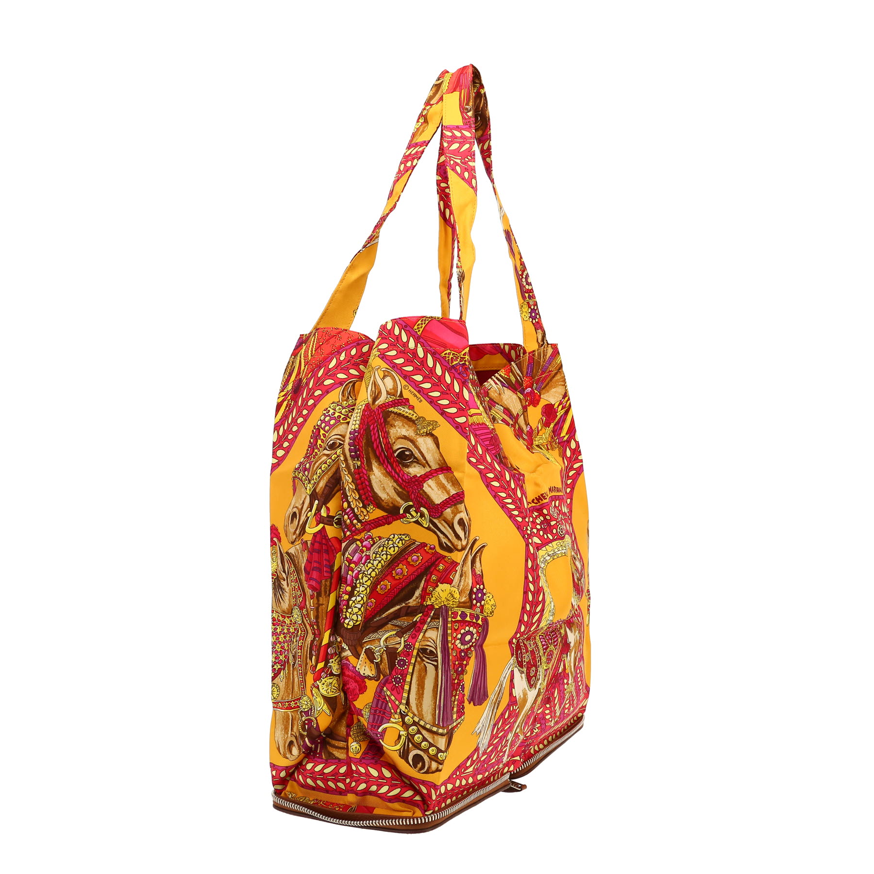 Hermès  Silky Pop - Shop Bag shopping bag  in yellow and pink printed canvas  and brown leather