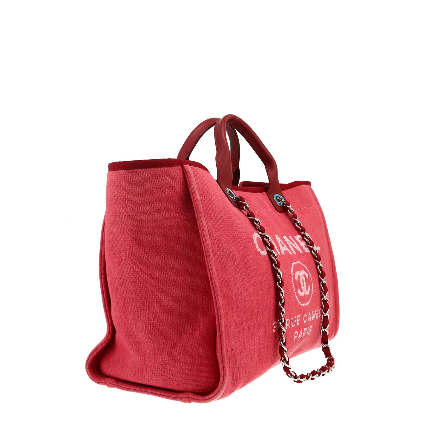 Sac cabas Chanel  Deauville en toile rose et cuir bordeaux